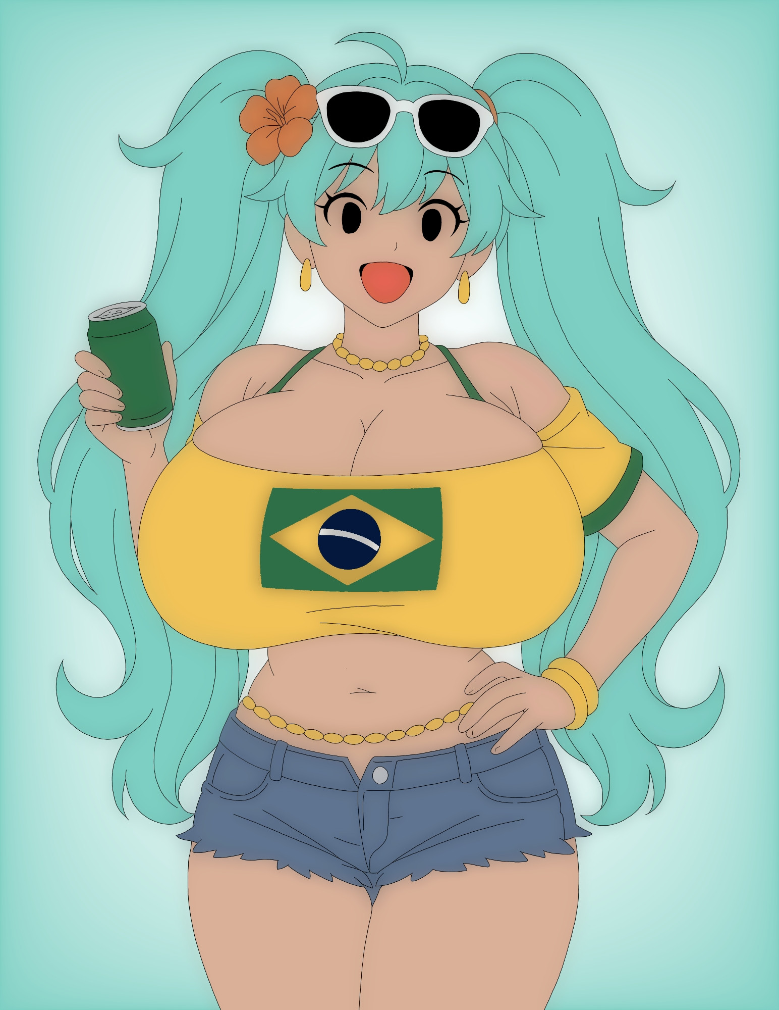 1girl, aqua hair, artvi, bare shoulders, beaded necklace, beer, beer can, belly, black sunglasses, bracelet, brazil, brazilian, brazilian female, brazilian flag, brazilian miku, breasts, can, canned beer, cleavage, cowboy shot, crop top, curvy, dark skin, dark-skinned female, denim, denim shorts, earrings, excited, explicit, eyewear on head, female, flat color, flower, flower hair ornament, frilled shorts, gold earrings, gold jewelry, hair flower, hair ornament, hand on hip, hatsune miku, hibiscus, highres, holding, hoop earrings, huge breasts, indoors, jewelry, light blue background, long hair, looking at viewer, massive breasts, midriff, navel, necklace, off shoulder, open mouth, orange flower, plump, shirt, short shorts, shorts, side twin tails, smile, solo, standing, sunglasses, sunglasses on head, tagme, thick thighs, tongue out, turquoise hair, twintails, very long hair, vocaloid, wide hips, yellow crop top