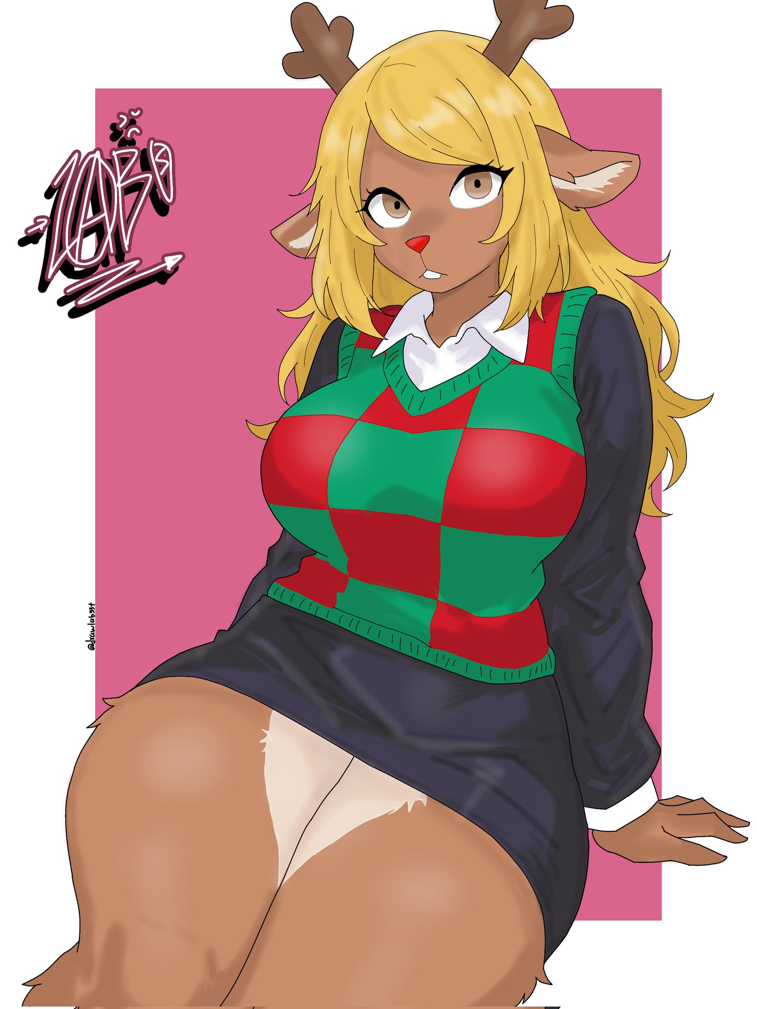 1girls, animal ears, antlers, big breasts, blonde hair, breasts, brown eyes, checkered, deer ears, deltarune, drawlab33t, female, female only, furry, horns, large breasts, long hair, long sleeves, looking at viewer, noelle holiday, pencil skirt, shirt, sitting, skirt, solo, tagme, thick thighs, thighs, undertale (series)