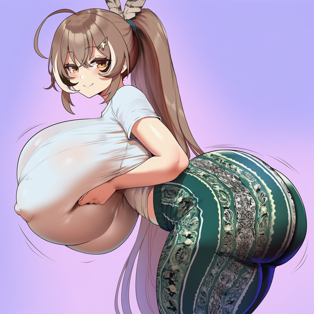 1girls, ai generated, breasts bigger than head, bubble butt, fat ass, flare pants, forbidden pants, gigantic breasts, hololive, hololive english, huge ass, huge breasts, nanashi mumei, nipple bulge, thick ass, thick thighs, virtual youtuber
