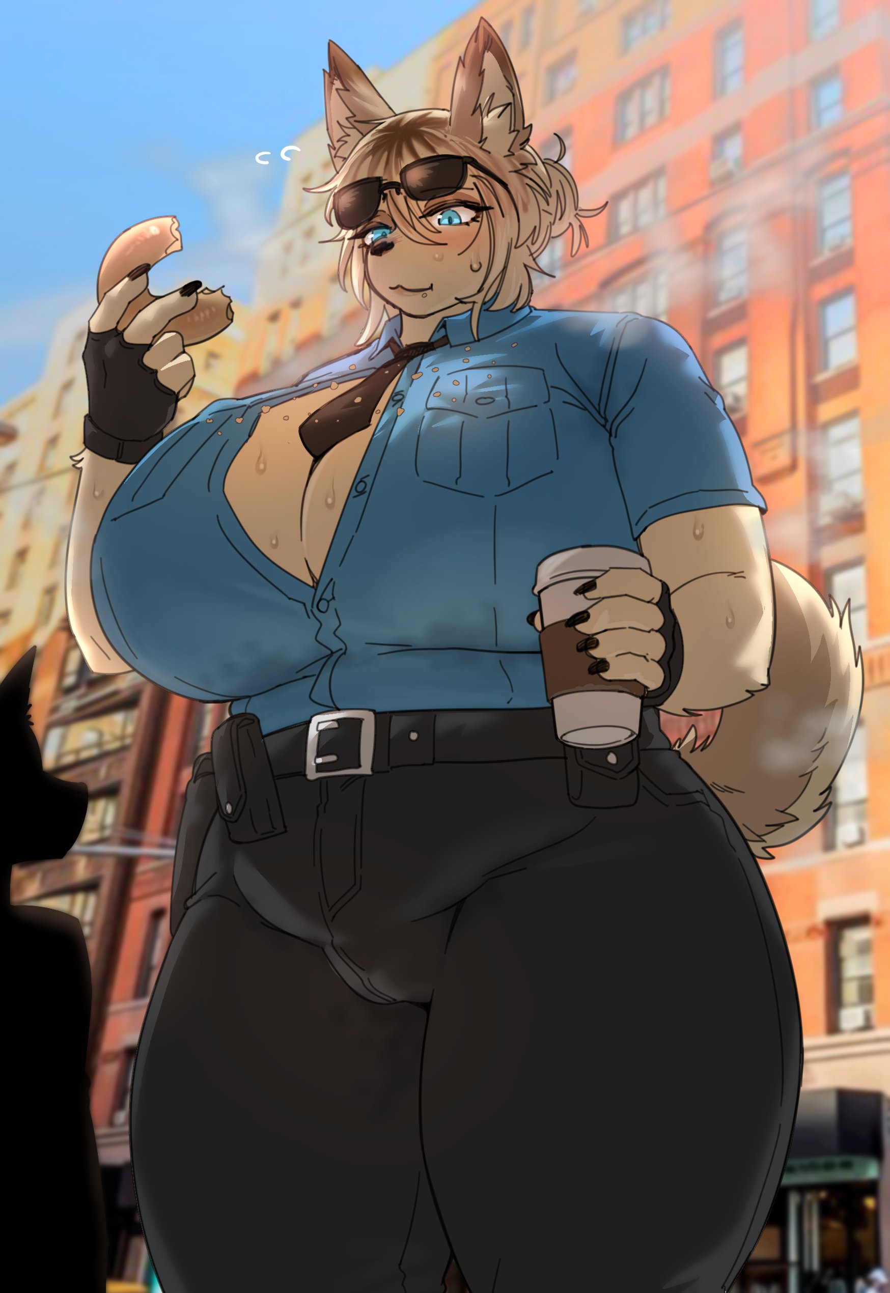 1girls, 2025, anthro, coffee, donut, eating, eating food, female, food, furry, furry female, k9 (rtr), police, police uniform, policewoman, rtr, tagme