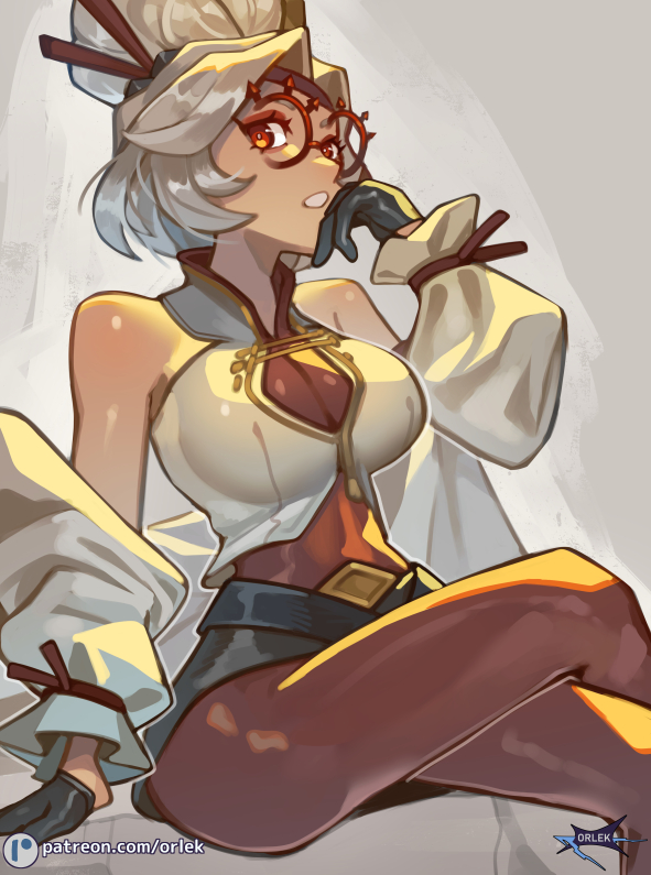 1girls, arm support, bare shoulders, black gloves, clothing request, detached sleeves, eyeshadow, female, female only, glasses, gloves, hair bun, hair ornament, hair stick, looking at viewer, makeup, nintendo, orlek, pantyhose, parted lips, patreon logo, patreon username, purah, purah (tears of the kingdom), red eyes, red eyeshadow, red pantyhose, red-framed eyewear, sheikah, short hair, sidelocks, sitting, solo, tears of the kingdom, the legend of zelda, white background, white hair