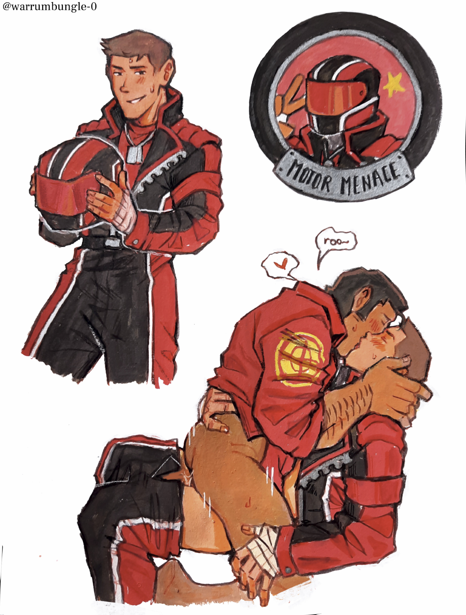 anal, anal sex, blush, blushing profusely, bottomless, cowgirl position, gay, gay sex, jeremy willis, kissing, kissing while penetrated, kissing while penetrating, mick mundy, pants down, passionate, power bottom, racecar, racer, racer uniform, scout (team fortress 2), sniper (team fortress 2), team fortress 2, thrusting into ass, uniform, warrumbungle-0, yaoi