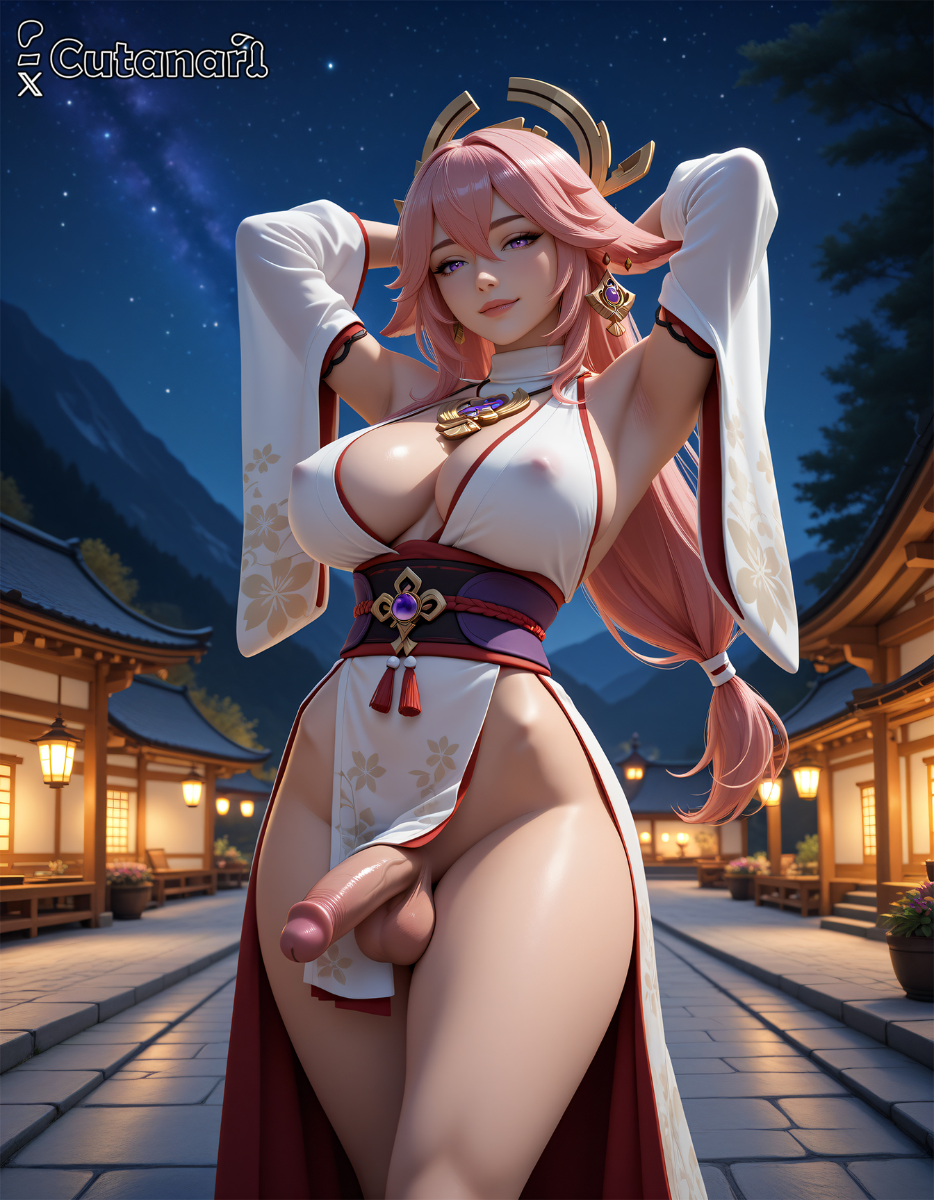 1futa, abs, ai generated, balls, big balls, big breasts, big butt, big penis, big thighs, breasts, chest, cock, curvy, cutanari, dick, dickgirl, dickgirl only, futa only, futanari, genshin impact, looking at viewer, nsfw, patreon logo, patreon username, penis, perfect ass, perfect body, perfect boobs, perfect legs, sexy, sexy body, sexy pose, small waist, solo, stable diffusion, testicles, uncensored, yae miko