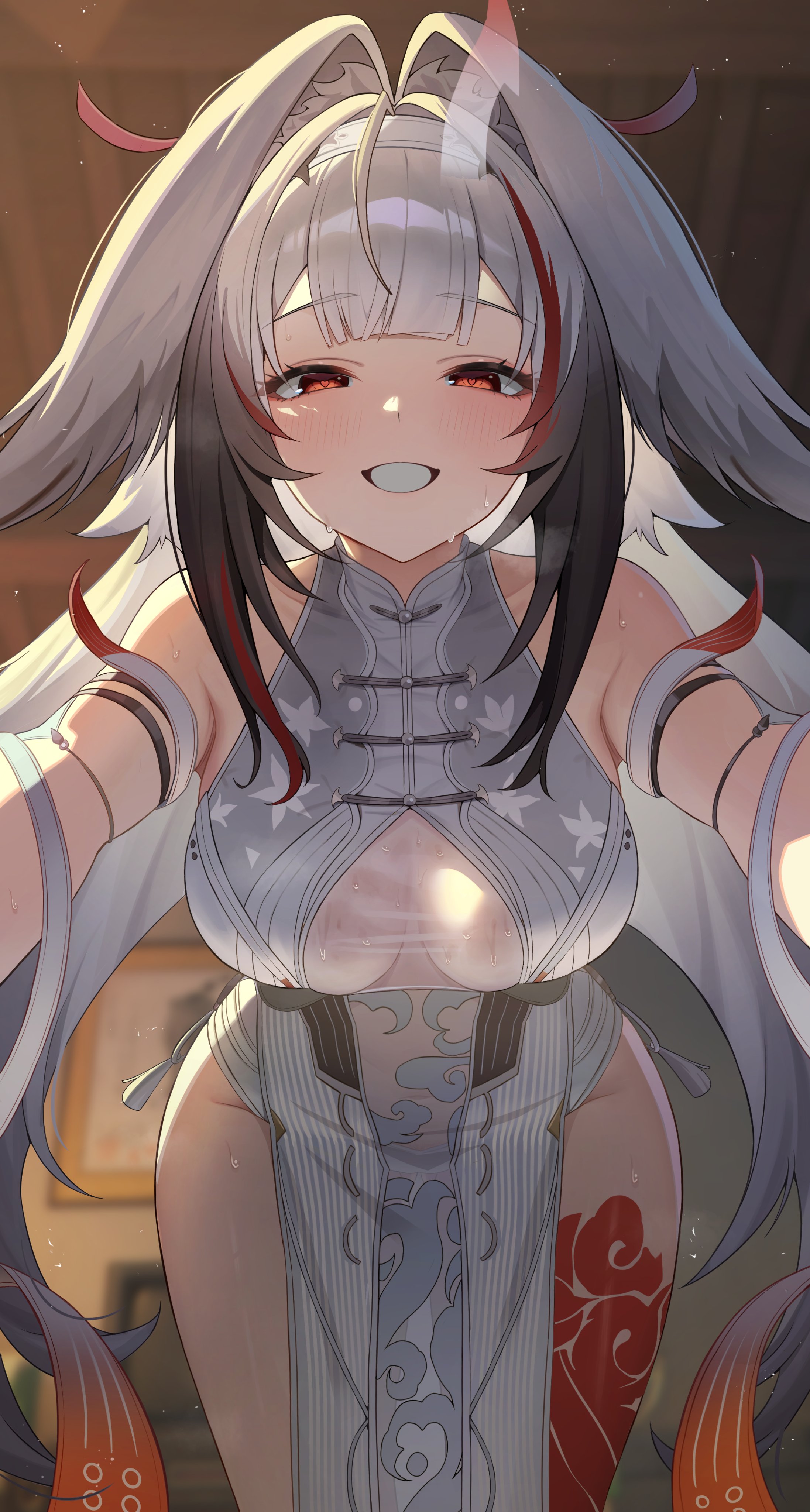 1girls, 2026, alternate version available, bare thighs, big breasts, hoyoverse, looking at viewer, red eyes, solo, solo female, tagme, tattoo on legs, unneonal, ye shunguang, ye shunguang (enlightened state), zenless zone zero