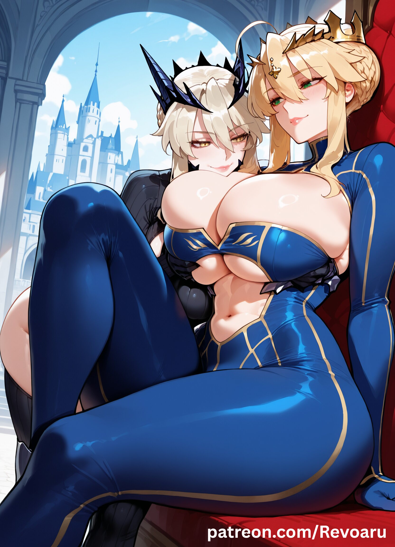 2girls, ai generated, artoria pendragon, artoria pendragon (lancer alter), artoria pendragon (lancer), big breasts, breasts, fate (series), fate/grand order, female, female only, huge breasts, mature, mature female, quality, revoaru, solo, thick thighs, thighs