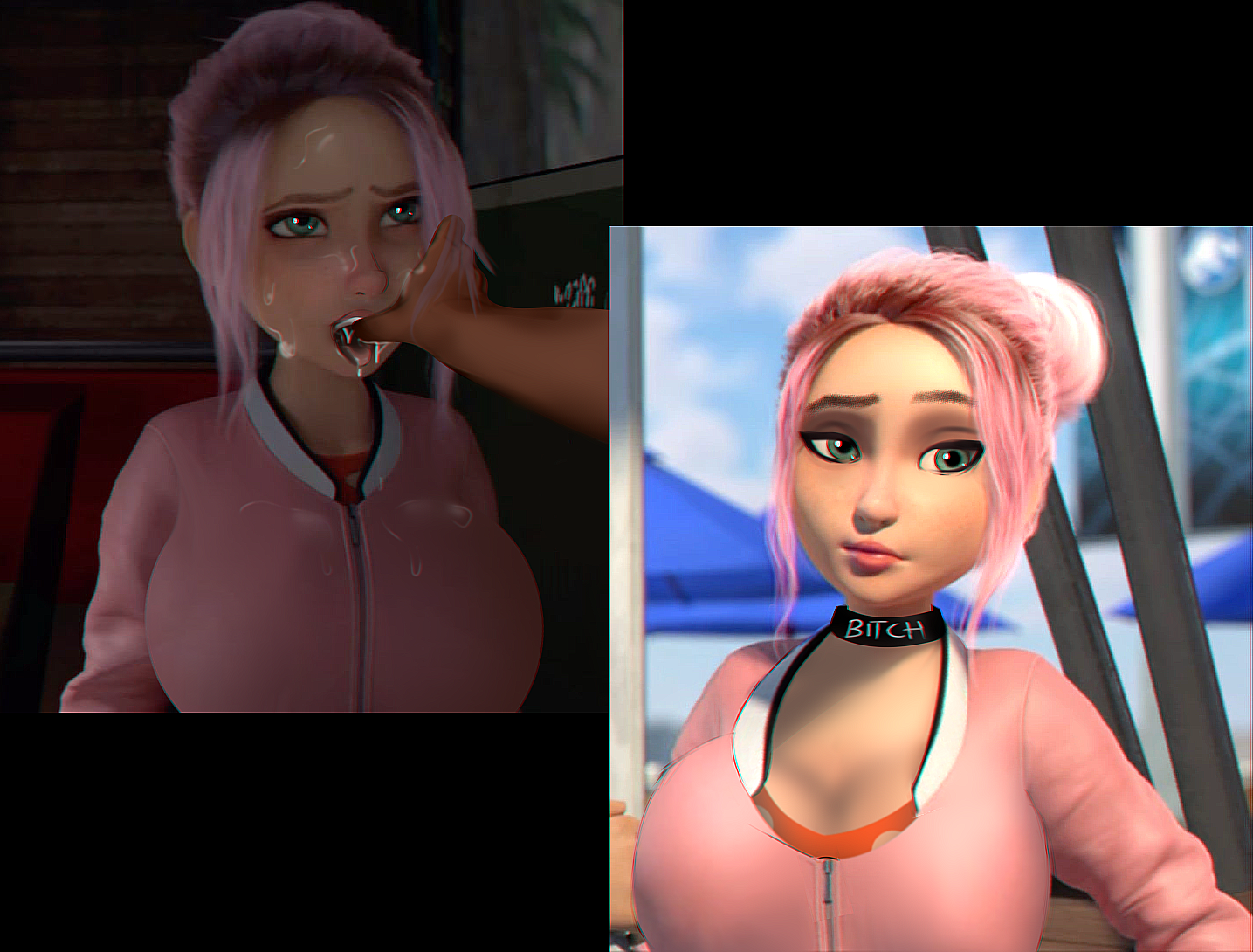 1girls, 3d, ahe gao, big breasts, bitch, breasts, brooklynn (jurassic world), cum in mouth, cum on breasts, cum on face, edit, edited, edited screencap, female, finger in mouth, green eyes, hand on mouth, human, human female, jurassic park (franchise), jurassic world, jurassic world camp cretaceous, pink hair, pink jacket, saliva, saliva on tongue, theanonyms, tongue out, white skin