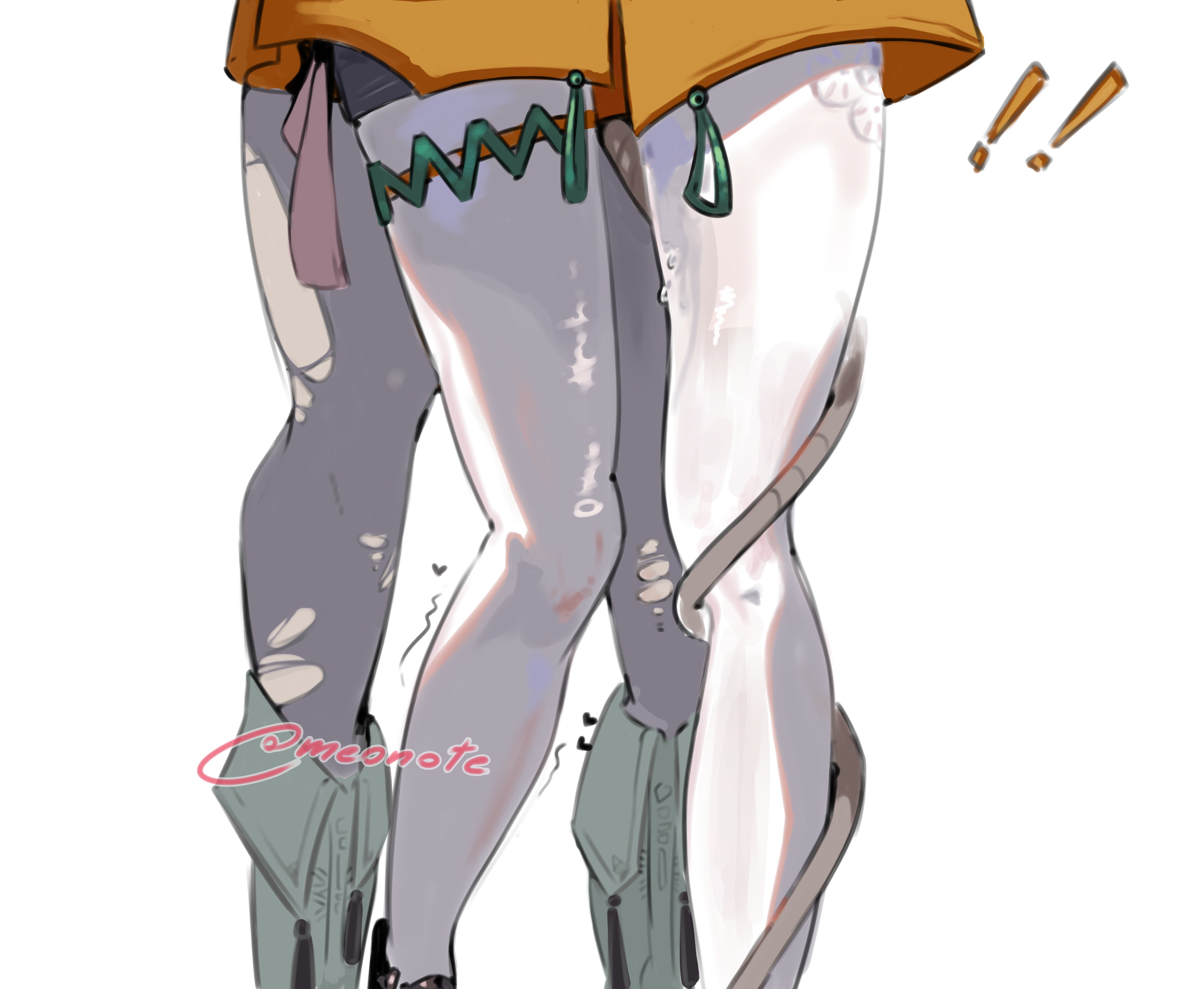 2girls, belle (delicate sunlight) (zenless zone zero), belle (zenless zone zero), female, female only, from behind, implied yuri, jane doe (zenless zone zero), leaking pussy, leg focus, legwear, meonote, official alternate costume, out of frame, pantyhose, pussy juice, simple background, tail, tail around leg, tights, white background, yuri, zenless zone zero
