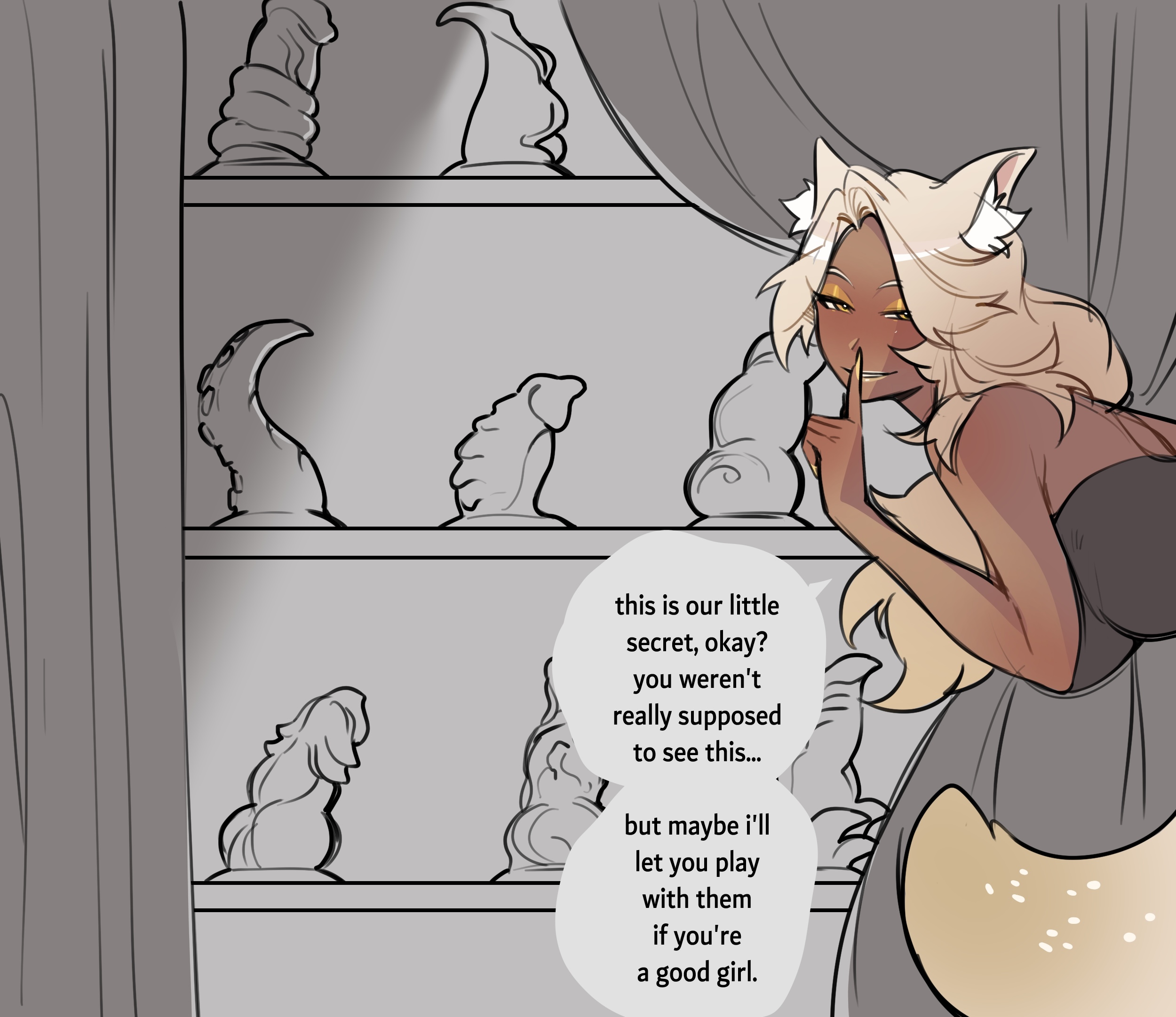 1:1, 2022, absurd res, animal humanoid, bad dragon, bad dragon dildo, blonde female, blonde hair, canid, canid humanoid, canine, canine humanoid, dark body, dark skin, dark-skinned female, dildo, dominant female, dommy mommy, english text, eyeliner, eyeshadow, female, female only, femdom, fox humanoid, foxtrot (glacierclear), glacierclear, hair, hi res, higher resolution duplicate, humanoid, looking at viewer, makeup, mammal, mammal humanoid, shush, solo, text, white chocolate (glacierclear), yellow eyeshadow