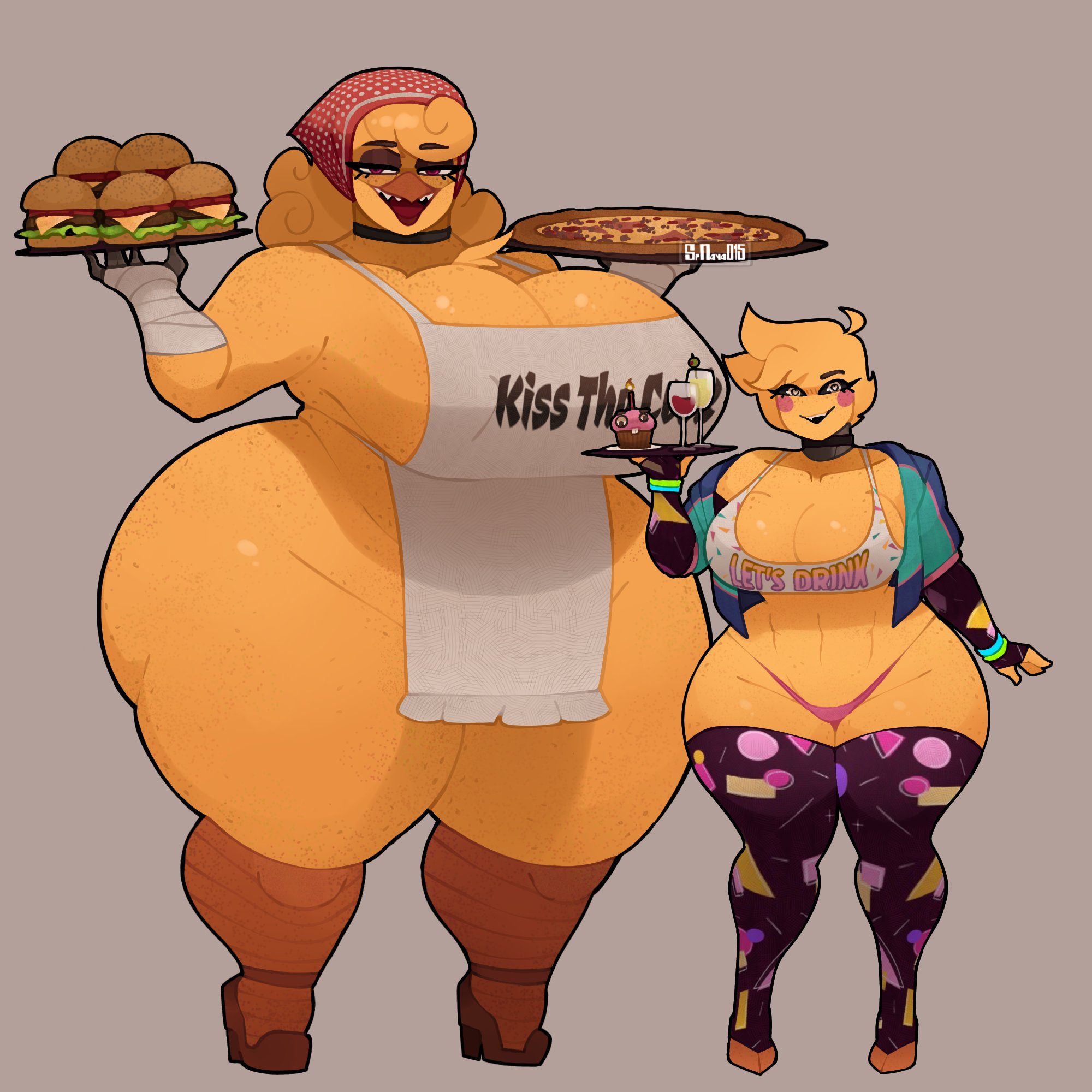 2girls, breasts bigger than head, clothed, clothing, cupcake (fnaf), english text, female only, five nights at freddy's, five nights at freddy's 2, food, large ass, large breasts, looking at viewer, open mouth, sharp teeth, size difference, smile, srnava, thick thighs, toy chica (fnaf), withered chica, yellow fur, yellow hair