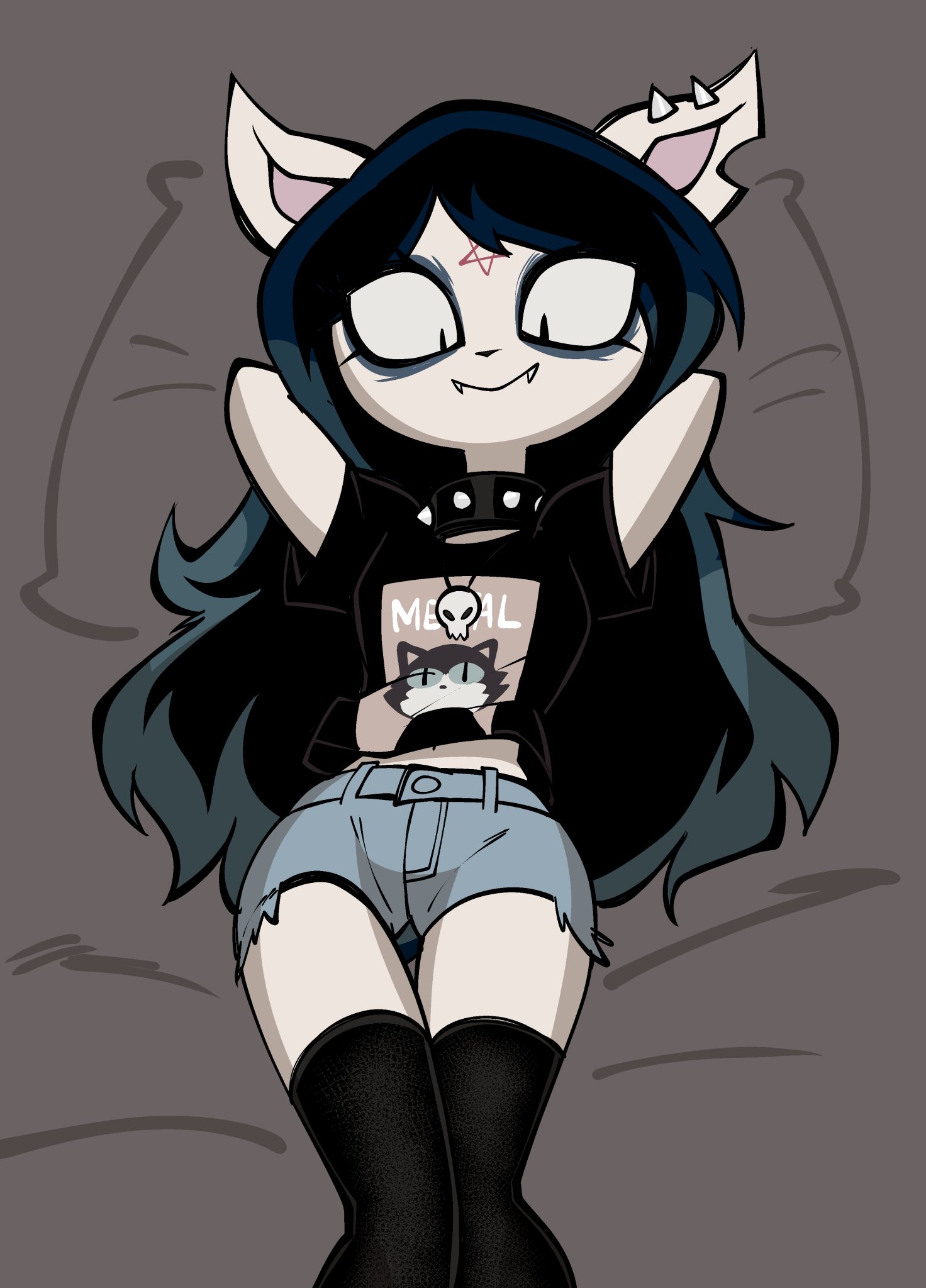 1girls, anthro, armpits, black legwear, black shirt, claire (the summoning), dakimakura, denim shorts, emo, emo girl, fangs, female, female only, jek korpen, laying on bed, looking at self, solo, spiked collar, tagme, the summoning