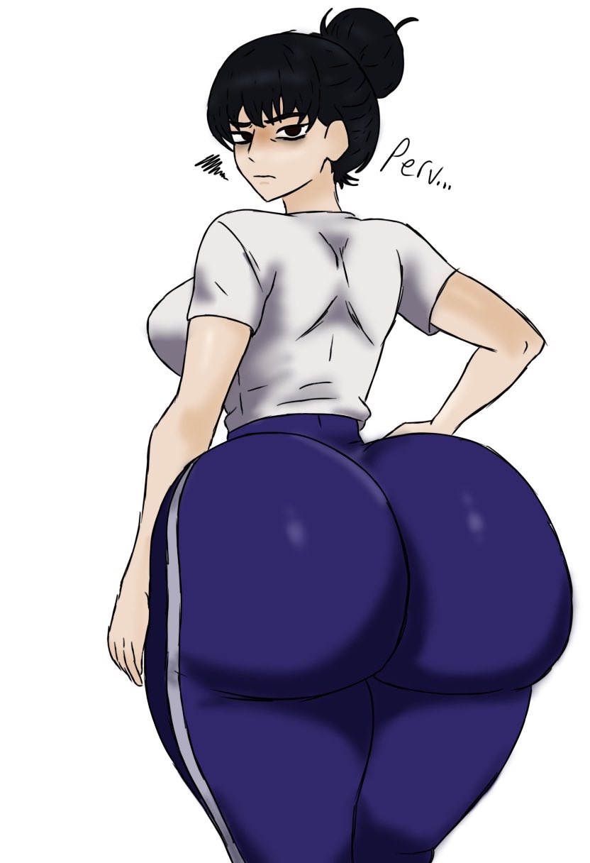 1girls, anger cloud, anger symbol, asa's mother, ass, ass focus, big ass, black hair, blue pants, chainsaw man, child bearing hips, curvaceous, curvaceous figure, curvy, curvy female, curvy figure, curvy hips, digital drawing (artwork), digital media (artwork), grumpy, huge ass, jpg, justchris, looking at viewer, looking back, looking back at viewer, milf, no background, pervert (phrase), simple background, solo, solo female, solo focus, text, twitter link, upset, voluptuous, voluptuous female, white background, wide hips