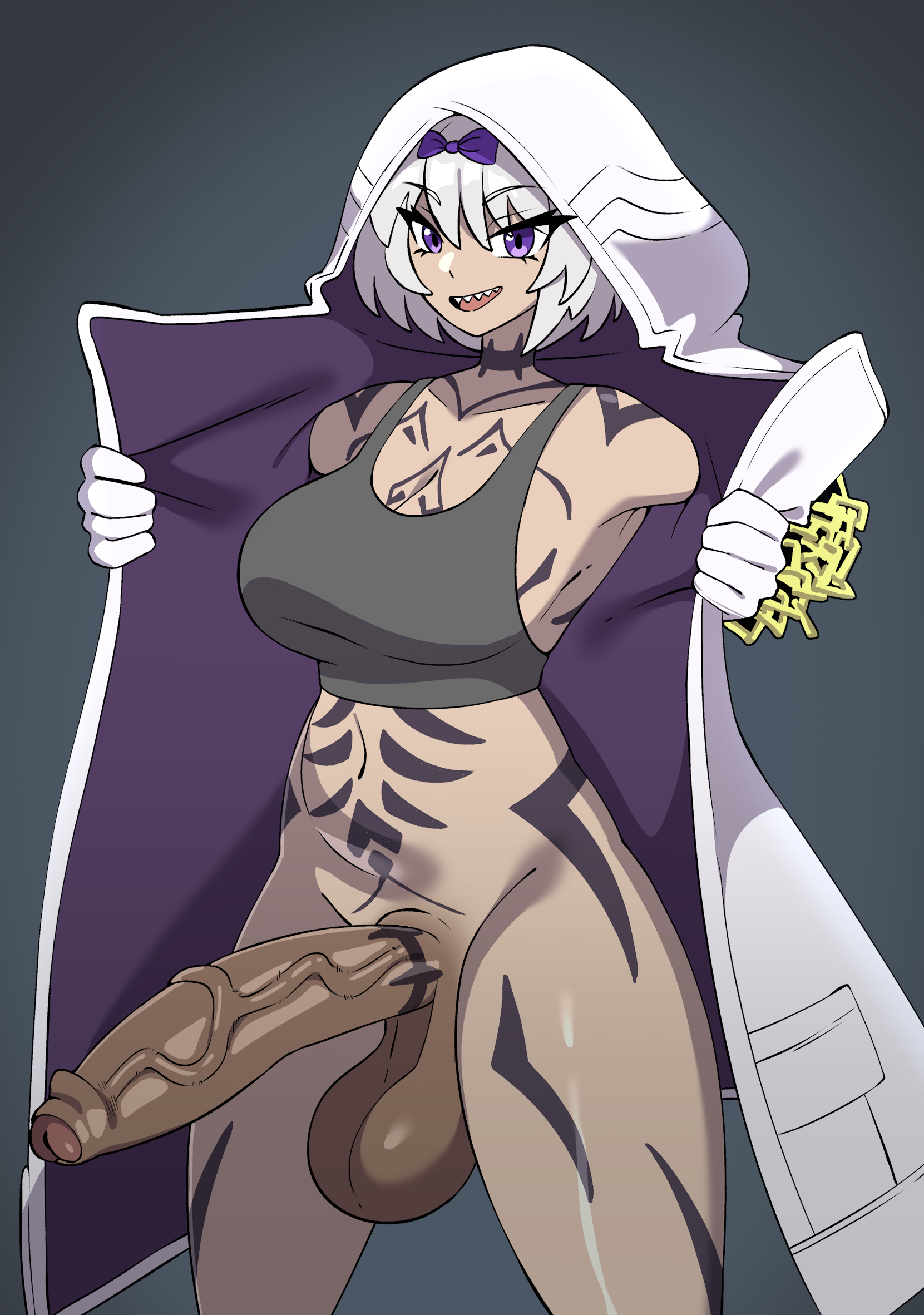 1futa, alfwenx, commissioner upload, dark penis, futanari, kira (limbus company), limbus company, open jacket, partially clothed, project moon, purple eyes, solo, solo futa, tagme, tattoo, tattoo on penis, white hair