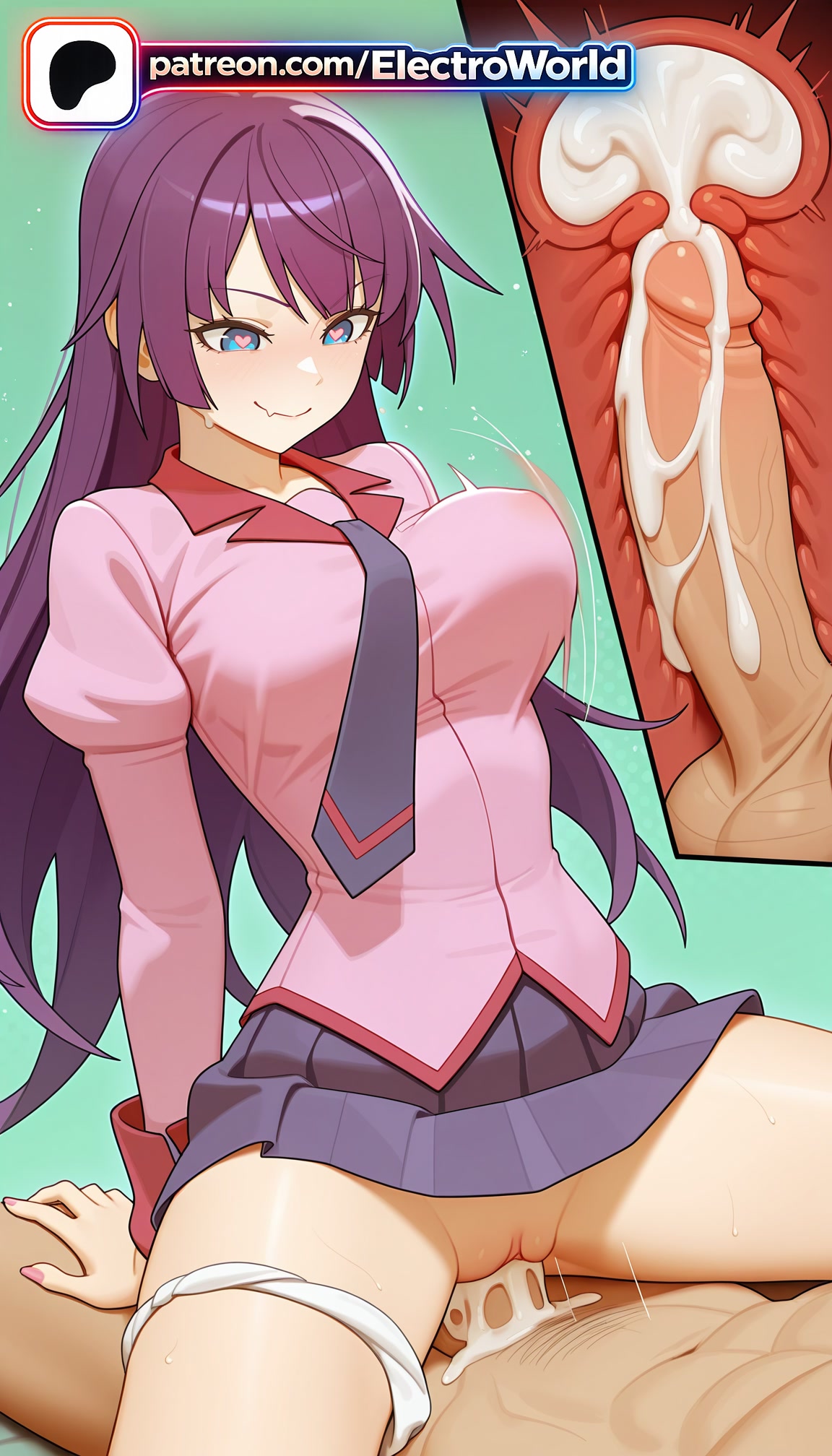 1boy, 1girls, 2026, ai generated, artist name, bakemonogatari, blue eyes, blush, breasts, bust, cervix, chest, clitoral hood, closed mouth, clothed sex, cock, cross section, cum, cum in pussy, deep penetration, dick, ejaculation, electroworld, exposed pussy, eyebrows visible through hair, female, fucking, hi res, high quality, high resolution, highres, intercourse, internal cumshot, juicy pussy, legs apart, legs spread, long hair, love making, monogatari (series), necktie, open legs, overflow, ovum, panties, panties around one leg, patreon, patreon username, penetration, penis, purple hair, pussy, senjougahara hitagi, sex, sexual intercourse, shiny, shirt, skirt, solo focus, splayed legs, spread legs, stable diffusion, straddling, straight, tight pussy, uncensored, underwear, uterus, vagina, vaginal penetration, watermark, white panties, x-ray