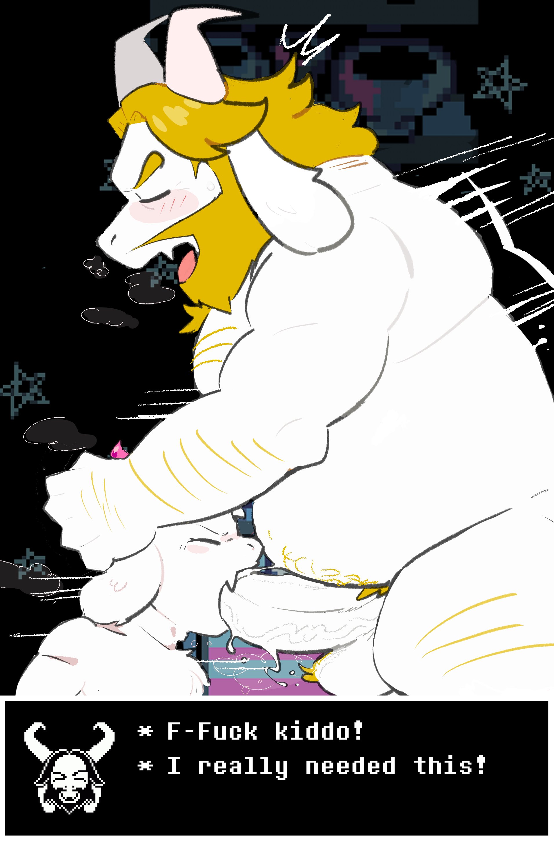 2boys, age difference, asgore dreemurr, big penis, blonde hair, closed eyes, deltarune, dialogue, doctorhiruluk, femboy, forced, forced oral, gay, gay blowjob, gay domination, gay rape, gay sex, goat, hairy, hairy male, horns, huge cock, male only, male/male, massive penis, motion lines, naked, naked male, nude, nude male, pink horn, pubic hair, questionable consent, ralsei, ralsei with white fur, rape, raped, rough sex, size difference, undertale (series), white body, white fur, yaoi
