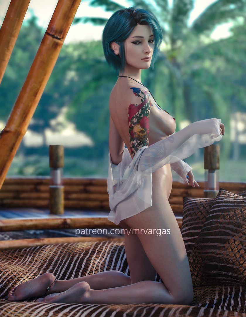 1girls, 3d, 3d (artwork), barefoot, blue hair, chloe price, dontnod entertainment, exposed breasts, female, legs, life is strange, life is strange: reunion, mrvargas, naked, naked female, only shirt, outdoor nudity, outdoors, outside, pale-skinned female, shirt, shirt only, shirt pull, solo, solo female, tattoo, tattooed arm
