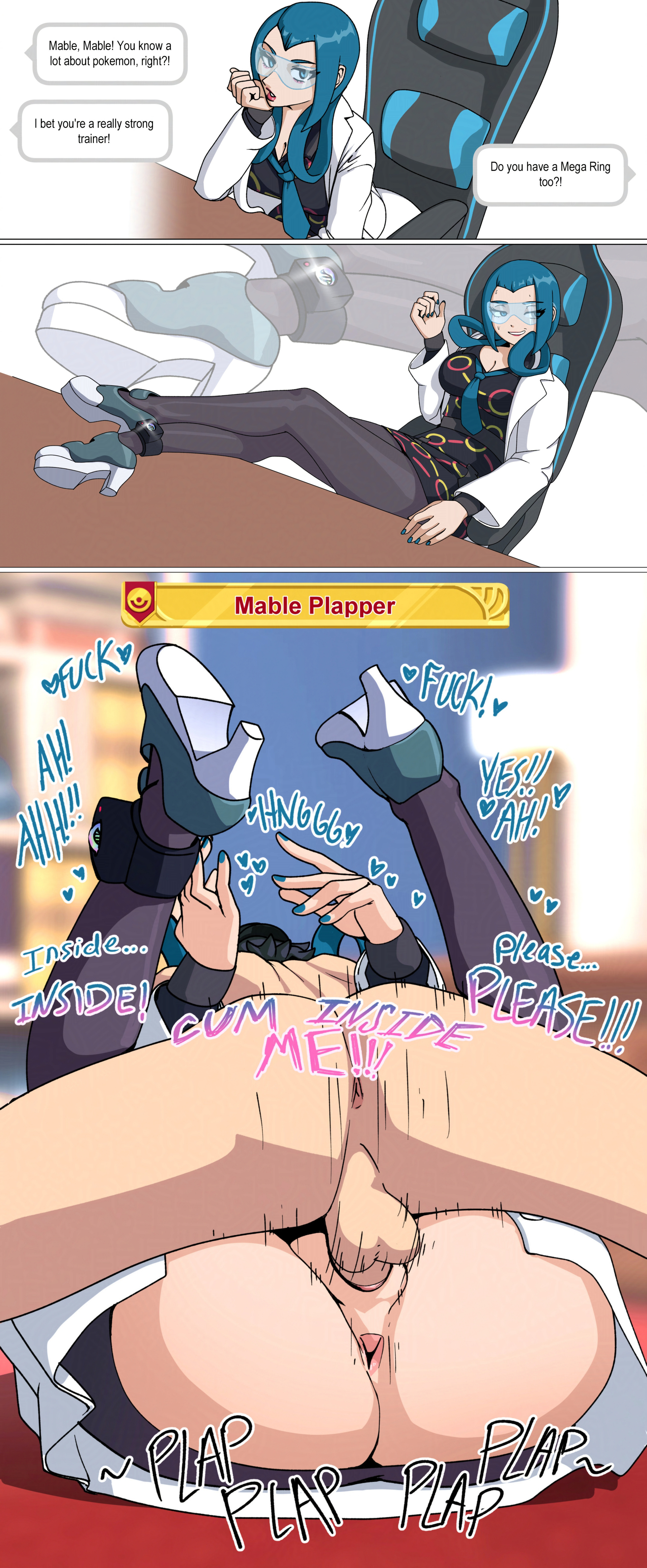 1boy, 1girls, anus, asking for creampie, ass, begging, blue hair, blue nails, cleavage, clothed female nude male, clothed sex, comic, dialogue, english, english text, female, female penetrated, funny, game ui, high heels, kyouya (pokemon), labcoat, leggings, legs up, lipstick, mable (pokemon), male, male/female, mating press, mega stone, mercuryred, momiji (pokemon legends: z-a), momiji (pokemon), nail polish, on floor, painted nails, paxton (pokemon), penis, penis in pussy, plap, plap (sound), pokemon, pokemon legends: z-a, pussy, self upload, sound effects, speech bubble, tinted eyewear, trembling