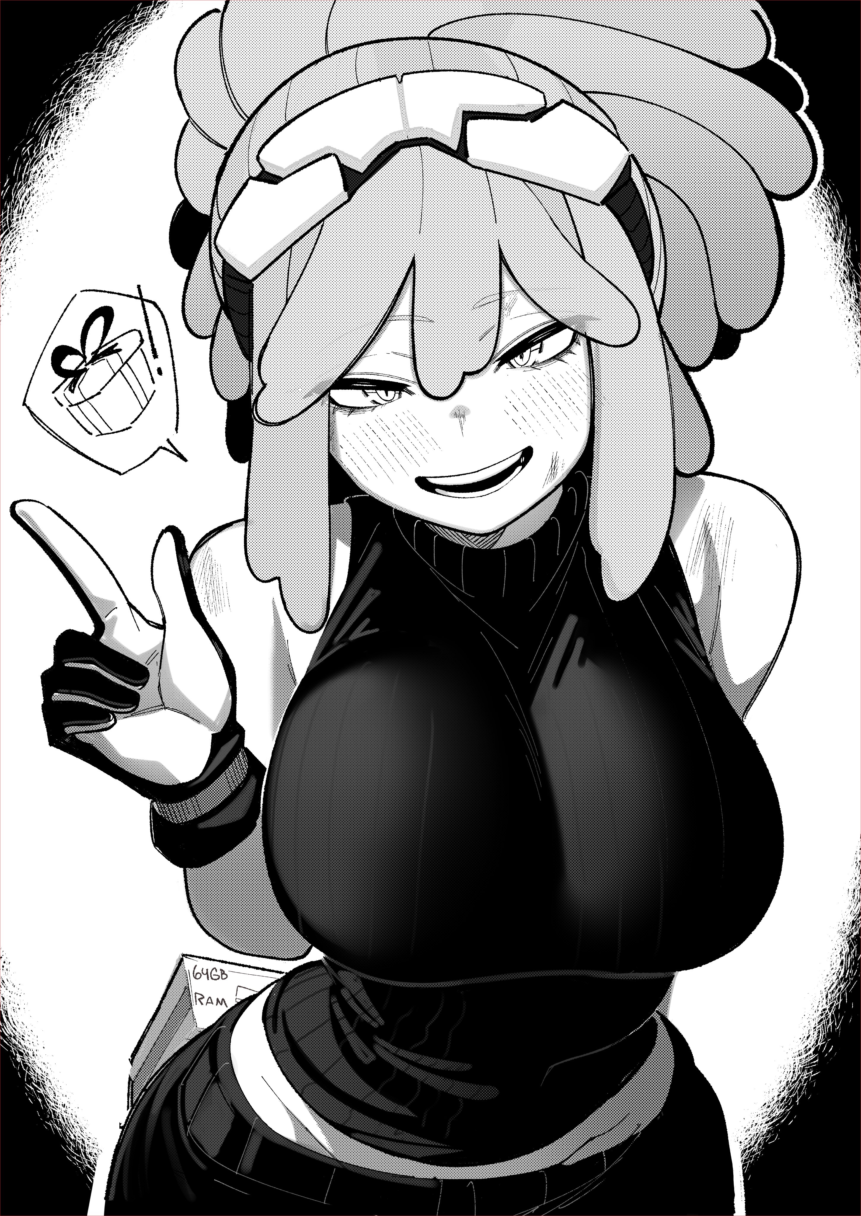 1girls, absurdres, bare shoulders, black pants, black shirt, blush, boku no hero academia, breasts, commentary, english commentary, female, female only, gloves, greyscale, hatsume mei, highres, large breasts, long sleeves, mei hatsume, monochrome, my hero academia, my hero academia (finale), open mouth, pants, ponytail, post-timeskip, ryz ryz, ryzz ryzz, shirt, smile, solo