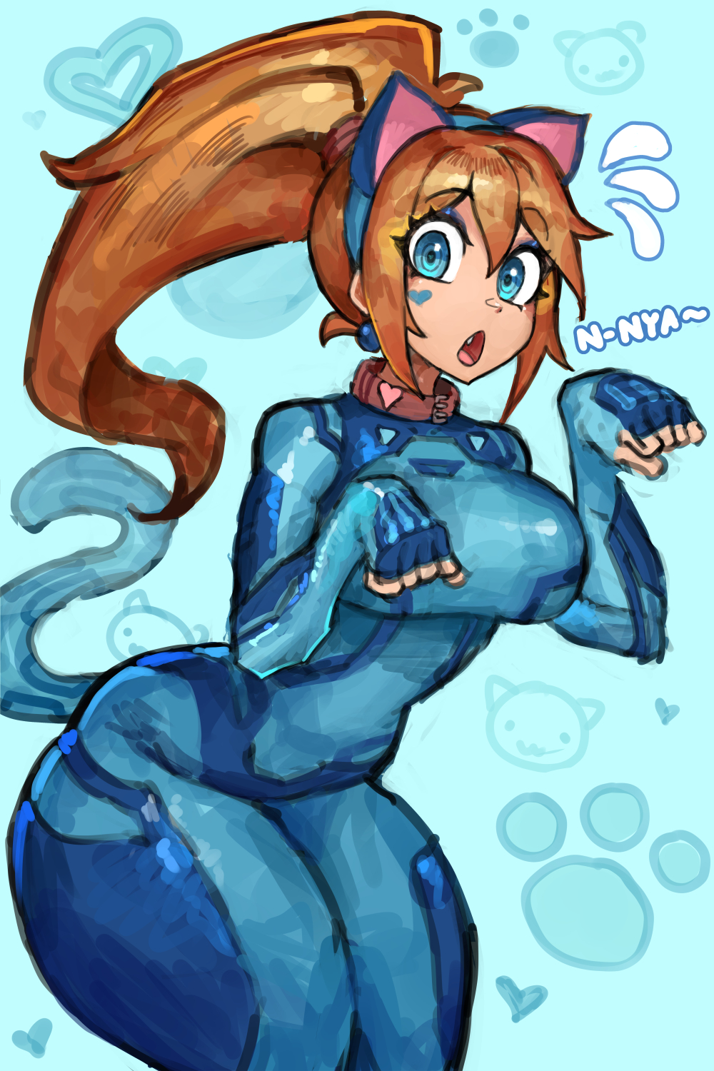 1girls, 2026, blonde hair, blue eyes, bodysuit, cat ears, cat tail, catgirl, collar, metroid, nintendo, ponytail, saiykik, samus aran, solo, solo female, tagme, thick, thick thighs, zero suit, zero suit samus