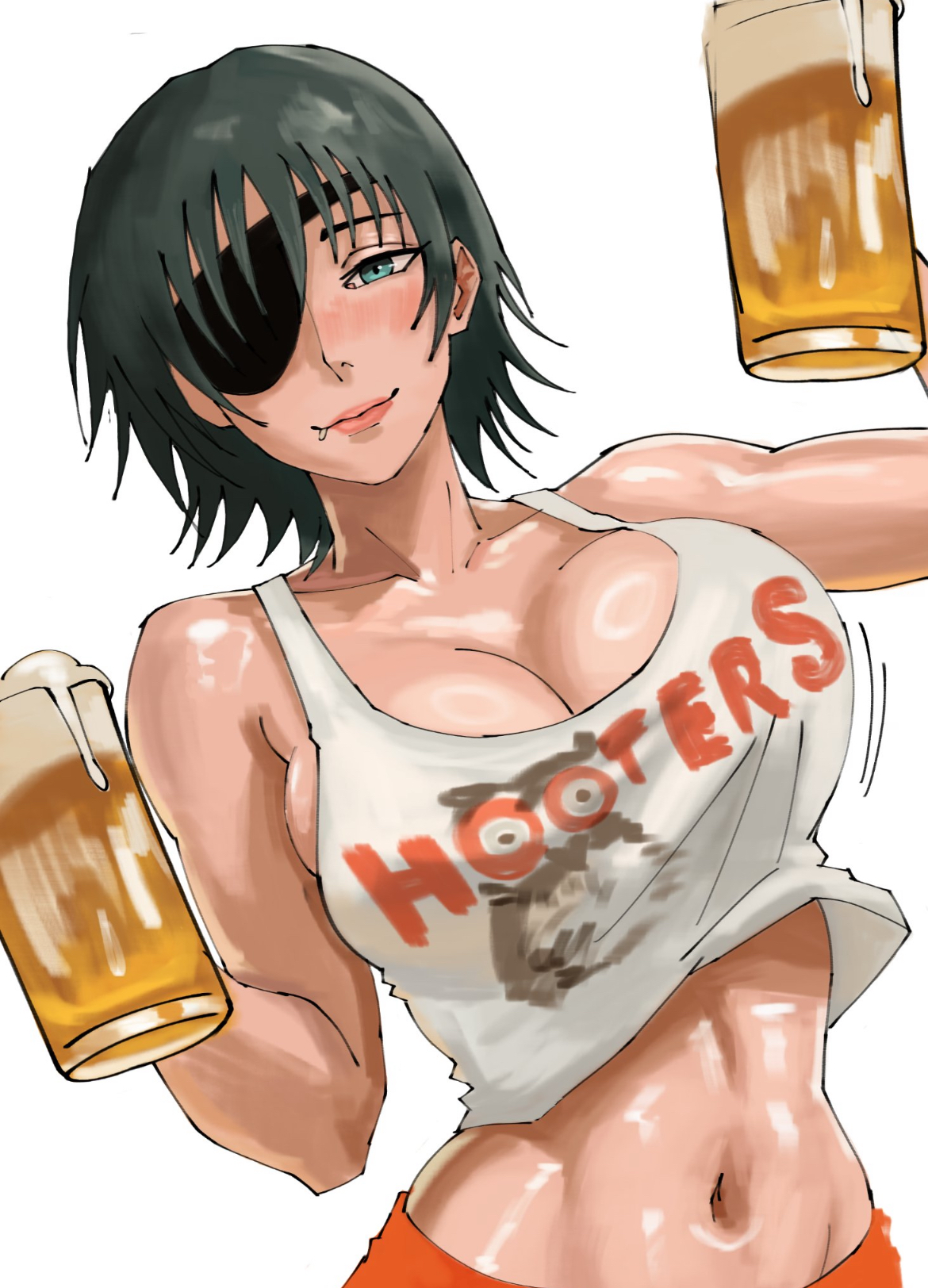 beer, beer mug, belly, belly button, big breasts, blue eyes, breasts, chainsaw man, cleavage, cleavage overflow, curves, curvy figure, cute, cute face, eyepatch, fat boobs, female, female focus, female only, female torso, green hair, himeno (chainsaw man), hooters, hooters uniform, j shisoa, japanese, japanese female, juicy lips, lip piercing, looking at viewer, midriff, pale-skinned female, sexy, sexy body, short hair, slender waist, solo, solo female, solo focus, tummy, waist