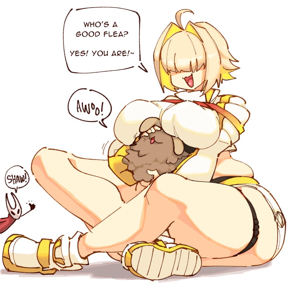 elegg (nikke), flea (hollow knight), gigantic thighs, goddess of victory: nikke, head under breasts, headpat, hollow knight, hollow knight: silksong, hornet (hollow knight), huge breasts, indian style, rtil, sitting, thick thighs, wide hips