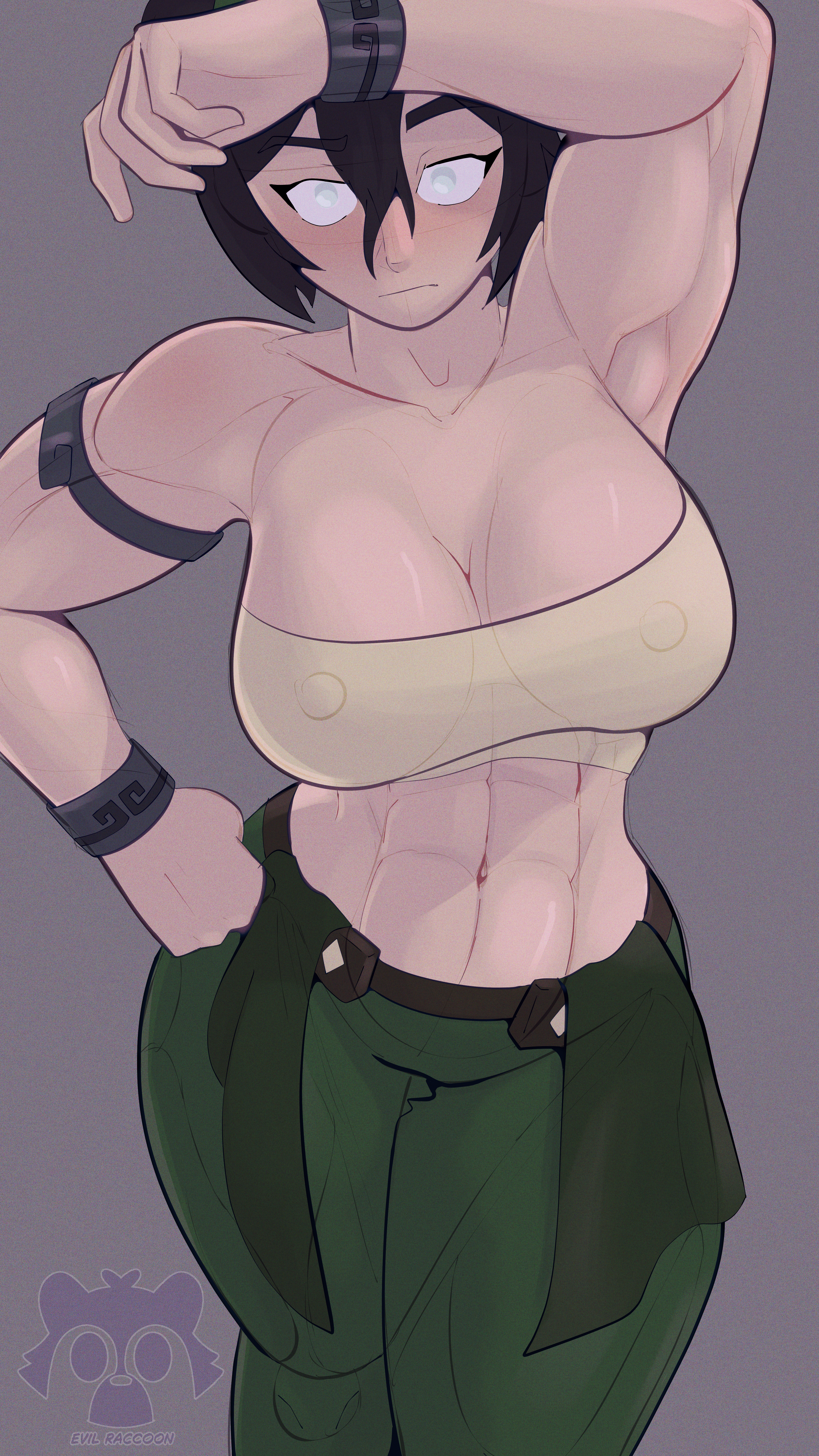 abs, armpits, avatar the last airbender, biceps, big breasts, black hair, blind, breasts, evil raccoon, female, female only, muscles, muscular, muscular female, nickelodeon, one arm up, pale skin, pale-skinned female, the legend of aang, toph bei fong