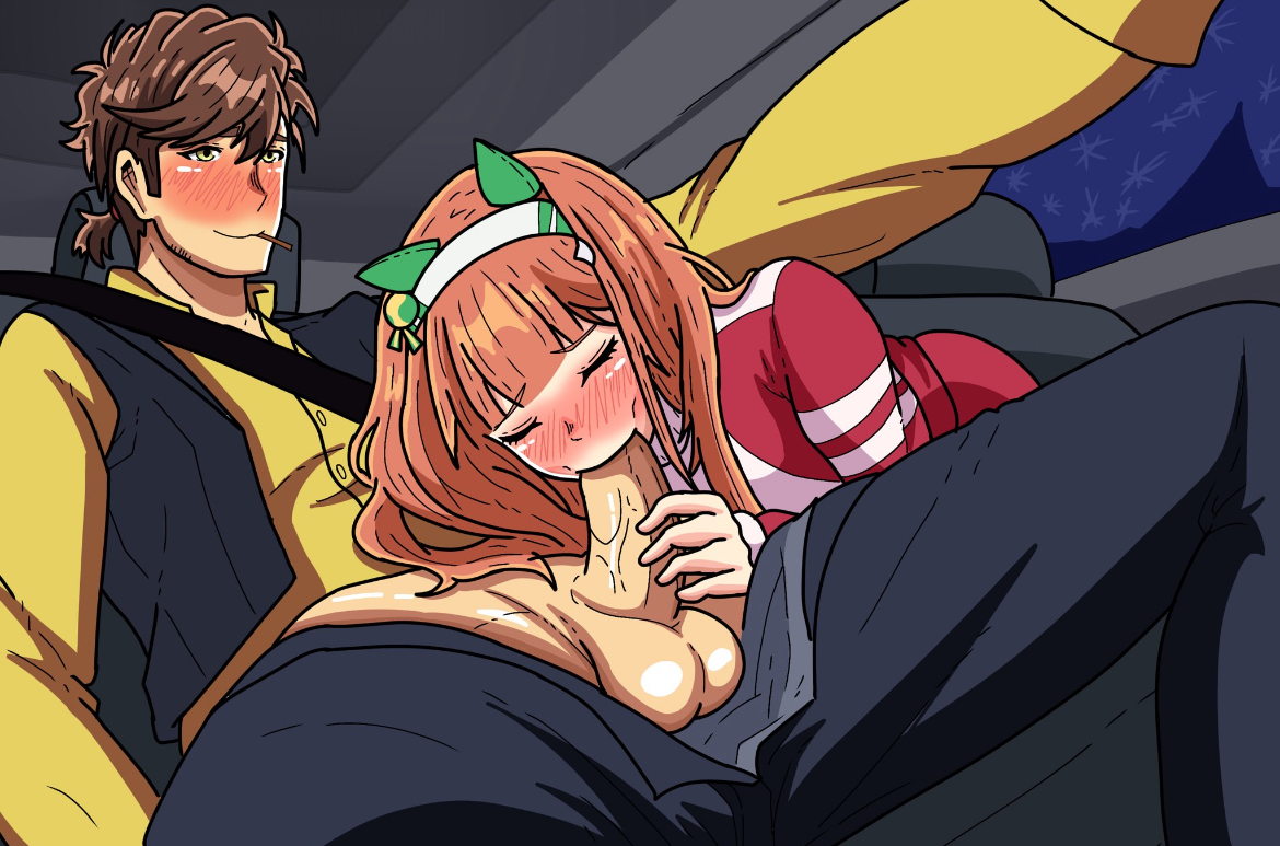 1boy, 1girl, apoelayoshi7, aroused, aroused face, aroused female, big balls, big penis, blowjob, blowjob face, blush, blushing female, blushing male, brown hair, car interior, closed eyes, cock, cock hungry, cute, cute face, dick, dominant male, driving, enjoying, fellatio, fully clothed female, ginger, ginger hair, hand on penis, horny, horny female, horse, horse ears, horse girl, in heat, male/female, mouth full of cock, oral, oral sex, pants down, penis, penis in mouth, penis out, silence suzuka (umamusume), spica trainer (umamusume), submissive female, sucking penis, trainer (umamusume), umamusume, umamusume pretty derby, unzipped pants, veiny penis