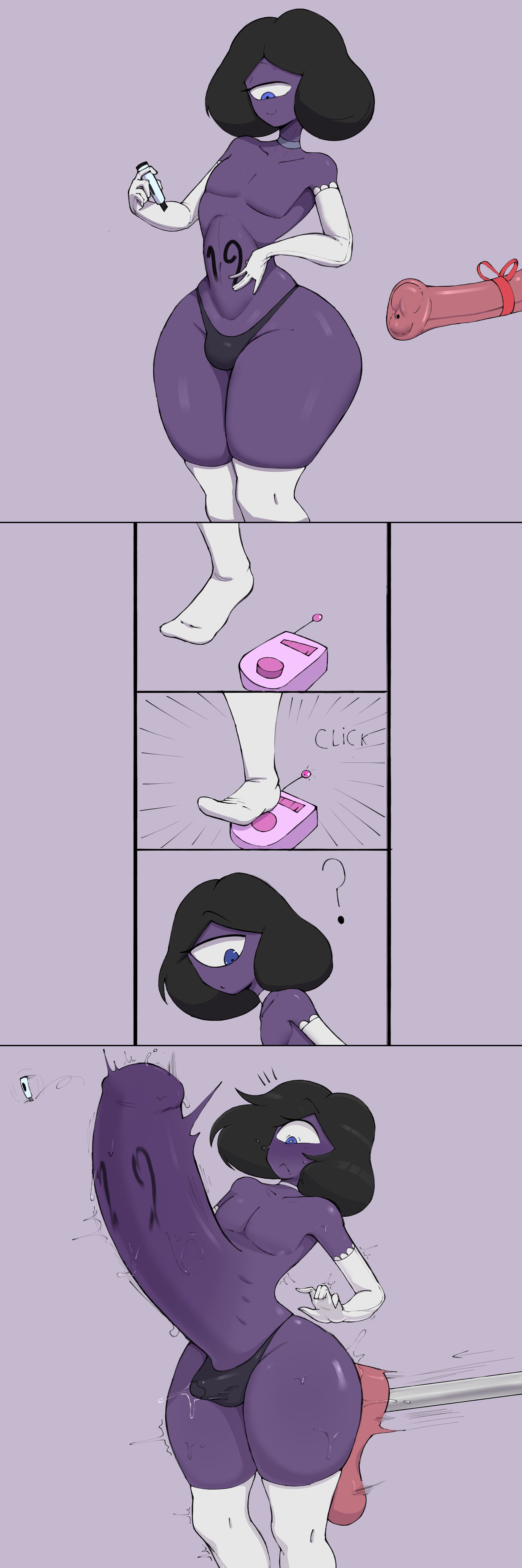 ?, 1boy, 1femboy, 2025, 2d, accidental circumstance, all the way to the base, anal, anal sex, arm sleeves, arms, armwear, avatar (megamor), belly, belly bulge, belly button, big ass, big butt, big dildo, big hips, big thighs, birthday, black hair, black panties, blue eyes, blush, bodily fluids, boner, bubble ass, bubble butt, bulge, bulge under clothes, cake, chest, choker, clothing, cock, cock bulge, collar, cyclops, dick, dick bulge, dildo, dildo chair, dildo in ass, dildo in butt, dildo insertion, dildo sitting, elbow gloves, erect cock, erect dick, erect penis, erection, eyebrows, eyebrows visible through hair, eyelashes, fat ass, fat butt, femboy, femboy focus, femboy only, femboy penetrated, fingers, flat chest, flat chested, fluids, fuck machine, gift, gigantic dildo, gloves, hair, hands, happy birthday, heart, heart eyes, heart-shaped pupils, hips, horse dildo, horsecock, horsecock dildo, huge ass, huge butt, huge dildo, huge hips, huge thighs, hyper, hyper dildo, leaking precum, legs, legwear, machine, male, male focus, male only, male penetrated, marker, medium hair, megamor, motion lines, motion outline, movement lines, neckwear, oc, one eye, original, original character, partially clothed, penetrated, penetrating, penetration, penis, penis bulge, precum, precum drip, precum leak, precum leaking, precum squirt, precum string, precum through clothing, precum through underwear, precum trail, purple background, purple body, purple skin, sex machine, sex toy, sex toy in ass, sex toy insertion, shocked, simple background, small cock, small dick, small penis, small waist, smile, smiling, stockings, stomach, stomach bulge, stomach deformation, sweat, sweatdrop, sweating, sweaty, sweaty body, tagme, tall image, thick, thick ass, thick butt, thick hips, thick legs, thick thighs, thigh highs, thighhighs, thighs, tremble spikes, waist, wide ass, wide butt, wide hips, wide thighs, writing on body