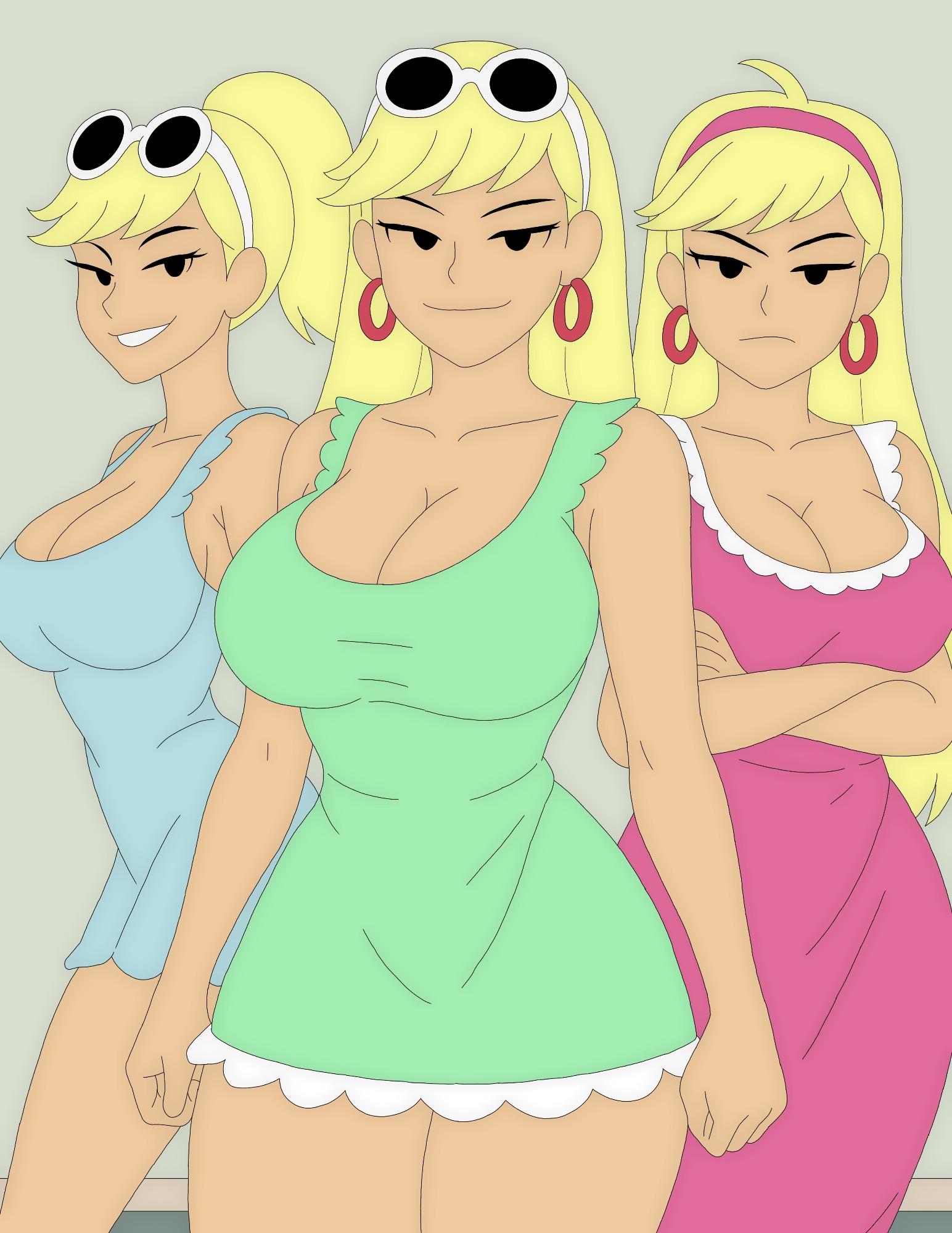 3girls, angry, arms crossed, artvi, black sunglasses, blonde hair, blue dress, cleavage, confident, crossed arms, curvy, dress, earrings, fanart, female, frilled dress, frown, green dress, greyscale, headband, highres, huge breasts, leni loud, long hair, looking at viewer, monochrome, multiple girls, nickelodeon, no, nsfw, original, pink dress, pink headband, plump, ponytail, red earrings, scalloped hem, smile, smirk, standing, strapless, sunglasses on head, tagme, the loud house, thick thighs, tsundere, white sunglasses, wide hips