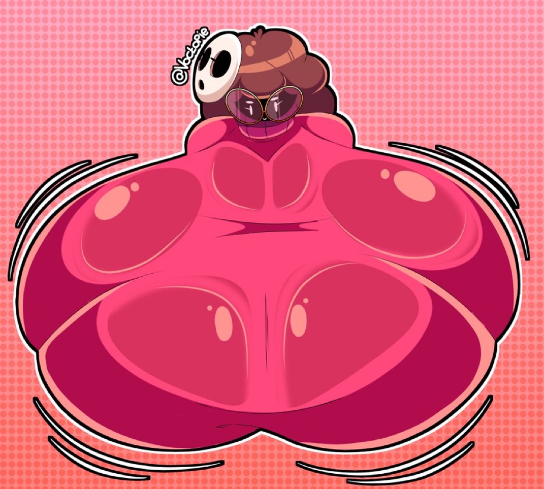 1girls, big breasts, breasts, breasts bigger than head, brown hair, cleavage, clothed, clothing, dark body, dark skin, dark-skinned female, female, female focus, female only, fluffy hair, giant breasts, gigantic breasts, glasses, glasses on face, glasses on head, happy, happy female, huge breasts, hyper, hyper breasts, large breasts, long hair, mario (series), massive breasts, penni (voctopie), red sweater, shy gal (cosplay), smile, solo, solo female, solo focus, sweater, viewed from above, voctopie