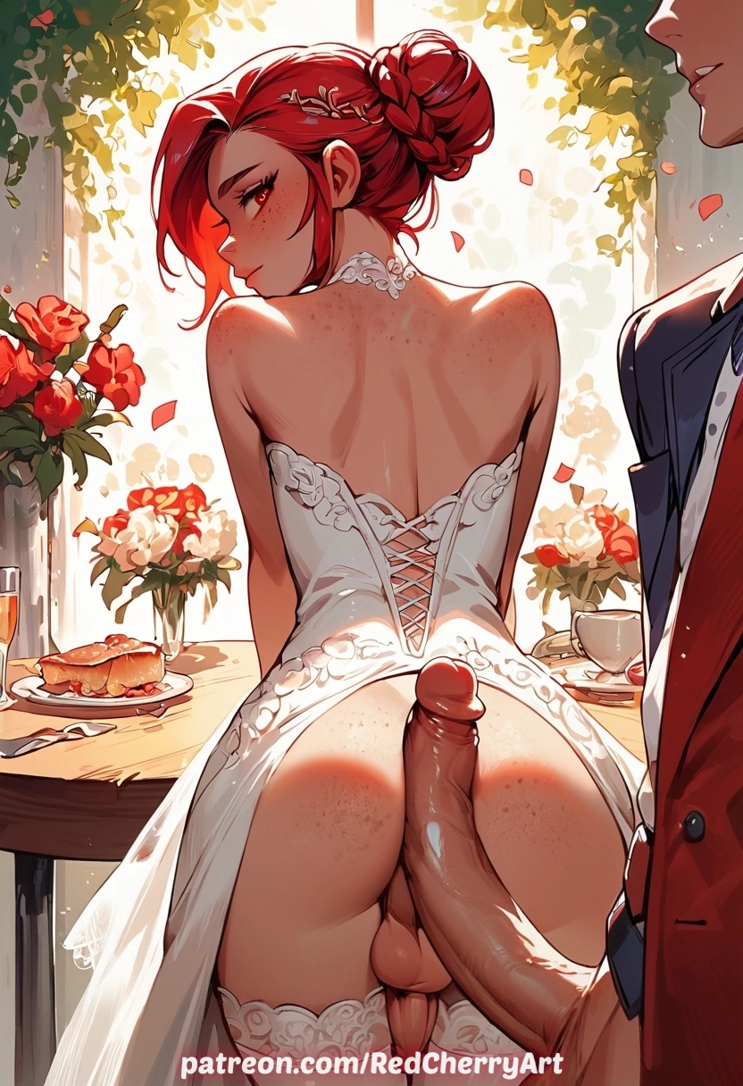 ai generated, bent over, big penis, bride, buttjob, femboy, freckles, huge cock, male, male bride, male wife, no panties, otoko no ko, red eyes, red hair, redcherryart, restaurant, sissy, trap, wedding dress