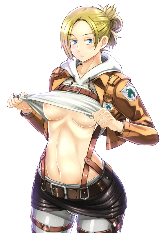 1girls annie_leonhardt attack_on_titan blonde_hair blue_eyes covr female female_only presenting_breasts shirt_lift solo tagme tied_hair