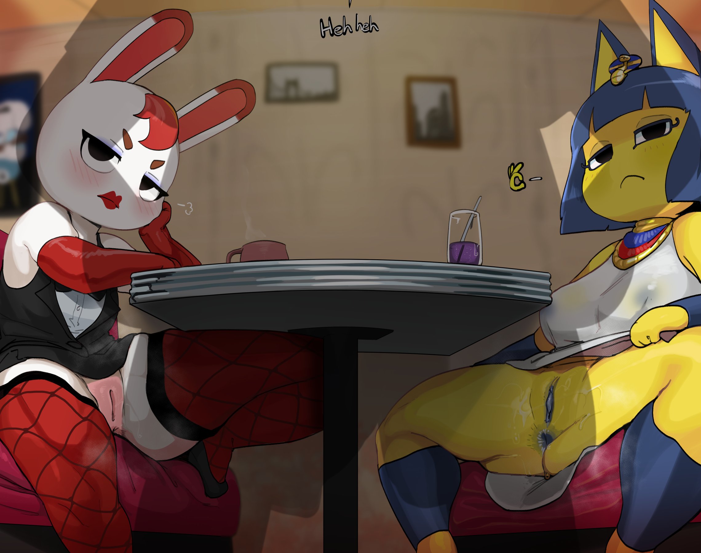 1boy, 2girls, animal crossing, ankha, blue anus, blue hair, blue nipples, blue pussy, bored expression, bunny, cafe, digital media (artwork), feline, fishnets, mdthetest, medium breasts, nintendo, public, public nudity, rabbit, spread legs, tiffany (animal crossing), transparent body, white body, yellow body