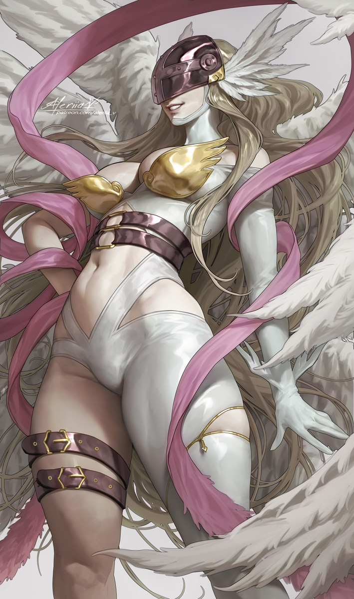 1girls, 2026, aleriia v, angel, angel wings, angewomon, bandai namco, blonde hair, digimon, feathered wings, female, female only, grin, helmet, lerapi, light skin, long hair, smile, solo, thick thighs, wings