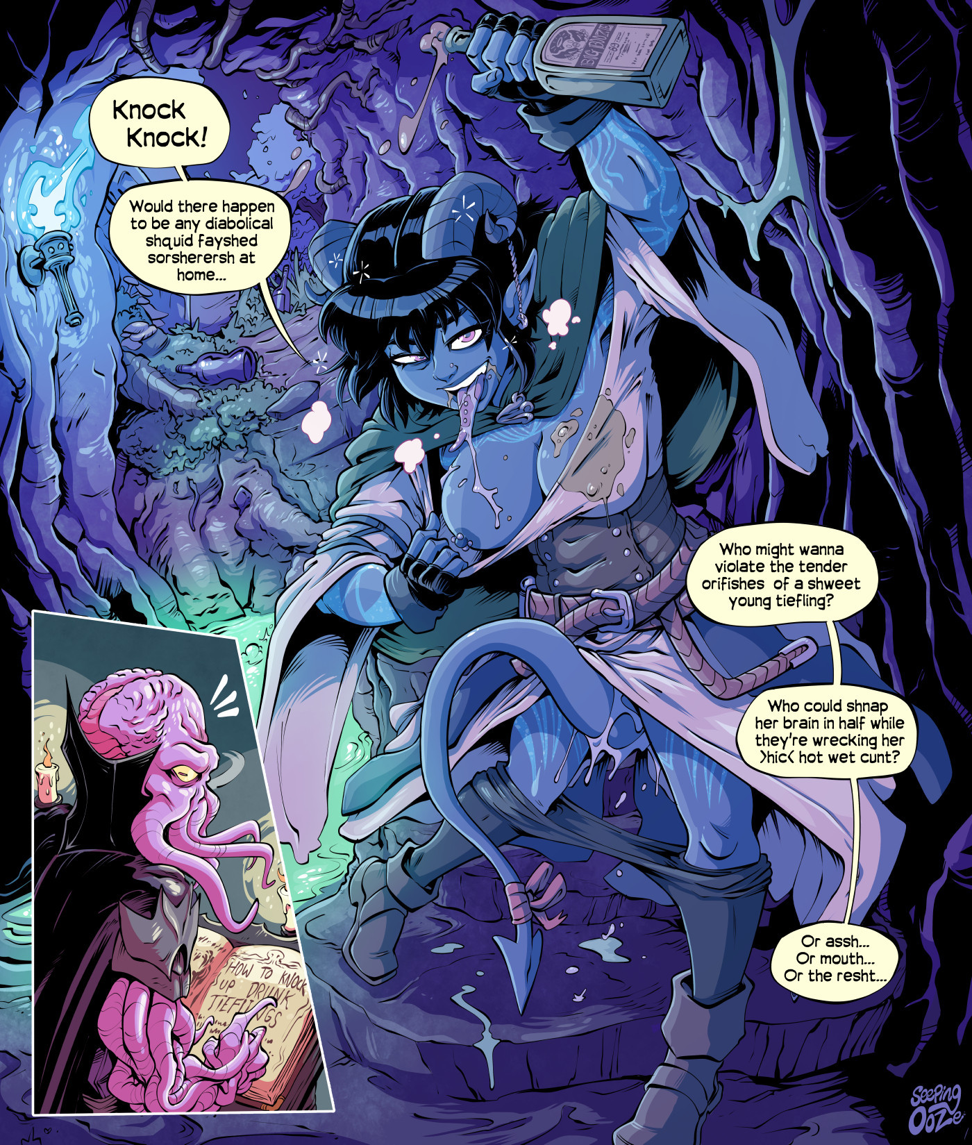 1girls, alcohol, cave, critical role, critical role: the mighty nein, drooling, drunk, dungeons and dragons, english text, female, jester lavorre, masturbation, mind flayer, pierced nipples, pierced tongue, propositioning, pulled down pants, pulling clothing, seepingooze, stained clothes, text, tiefling, tongue out