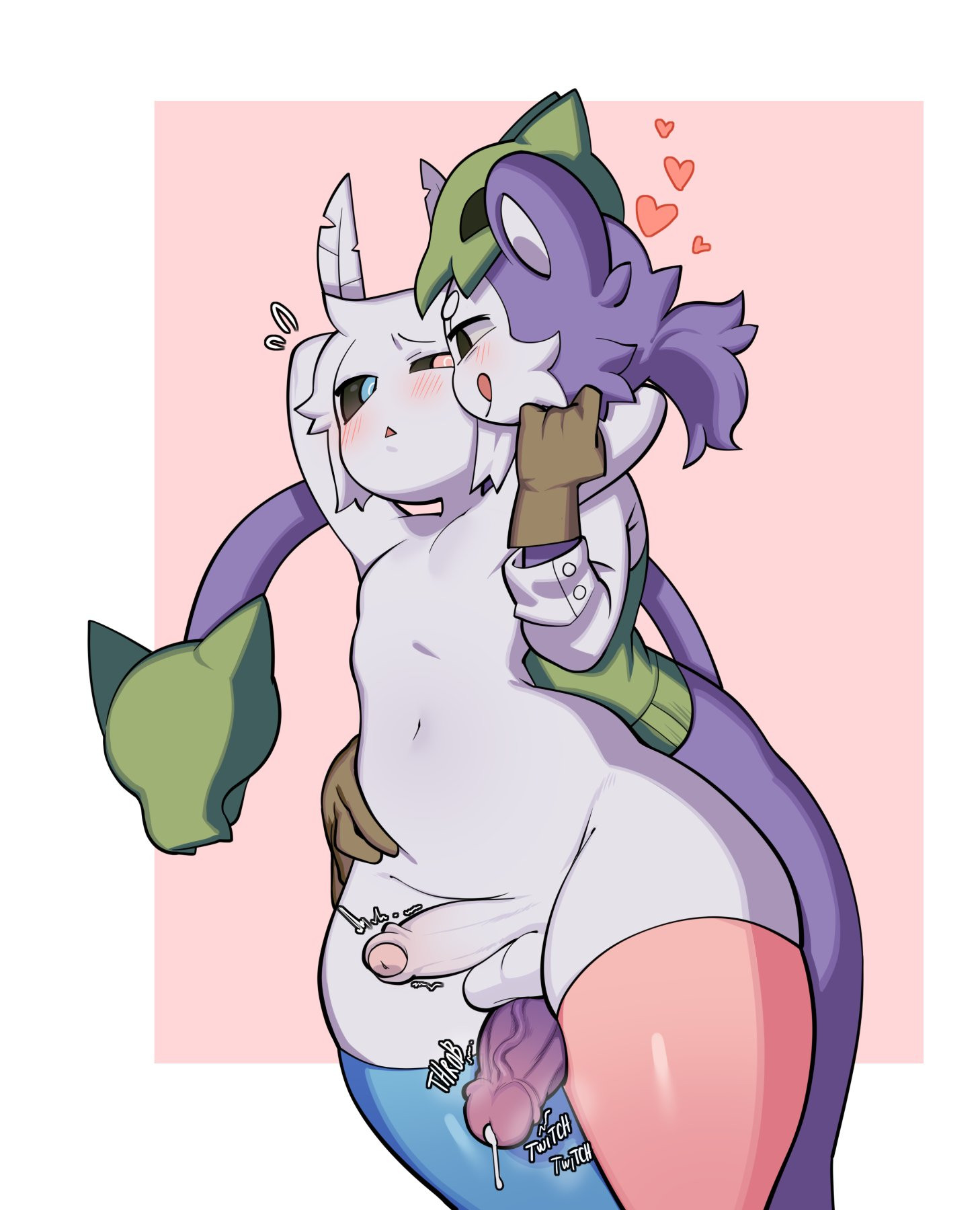 anthro, arthropod, femboy, from behind position, haplorhine, heart symbol, imminent sex, insects, legwear, lepidopteran, male/male, mammal, moki (mokimonky), monkey, moth, nacho (nachokokoni), nsfw bbo, onomatopoeia, primate, purple body, thigh sex, thighhighs, unusual anatomy, unusual tail, white body