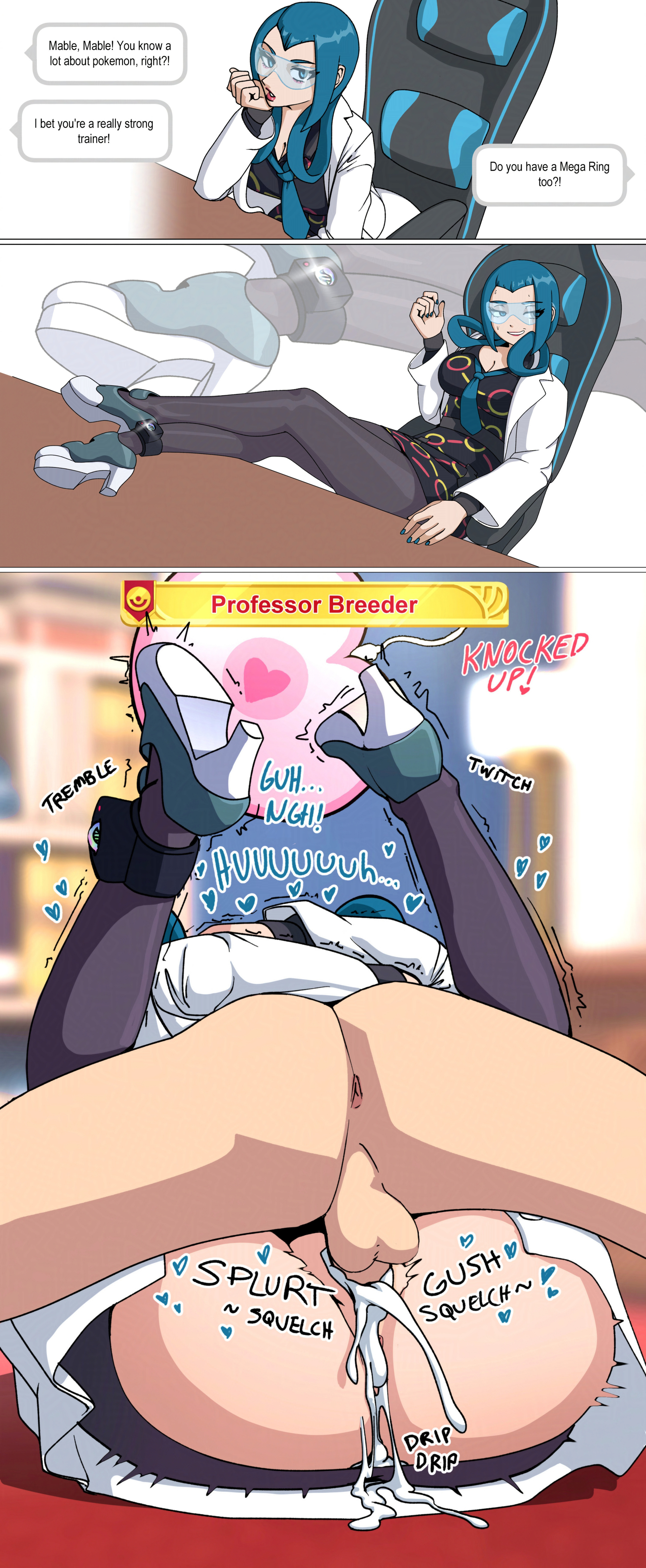 1boy, 1girls, alternate version, anus, asking for creampie, ass, begging, blue hair, blue nails, cleavage, clothed female nude male, clothed sex, comic, cum, cum in pussy, cum inside, dialogue, english, english text, female, female penetrated, funny, game ui, high heels, hugging, impregnation, knocked up, kyouya (pokemon), labcoat, leggings, legs up, lipstick, mable (pokemon), male, male/female, mating press, mega stone, mercuryred, momiji (pokemon legends: z-a), momiji (pokemon), nail polish, on floor, orgasm, ovum, ovum deformation, ovum with heart, painted nails, paxton (pokemon), penis, penis in pussy, plap, plap (sound), pokemon, pokemon legends: z-a, pussy, self upload, sound effects, speech bubble, sperm meets ovum, tinted eyewear, trembling