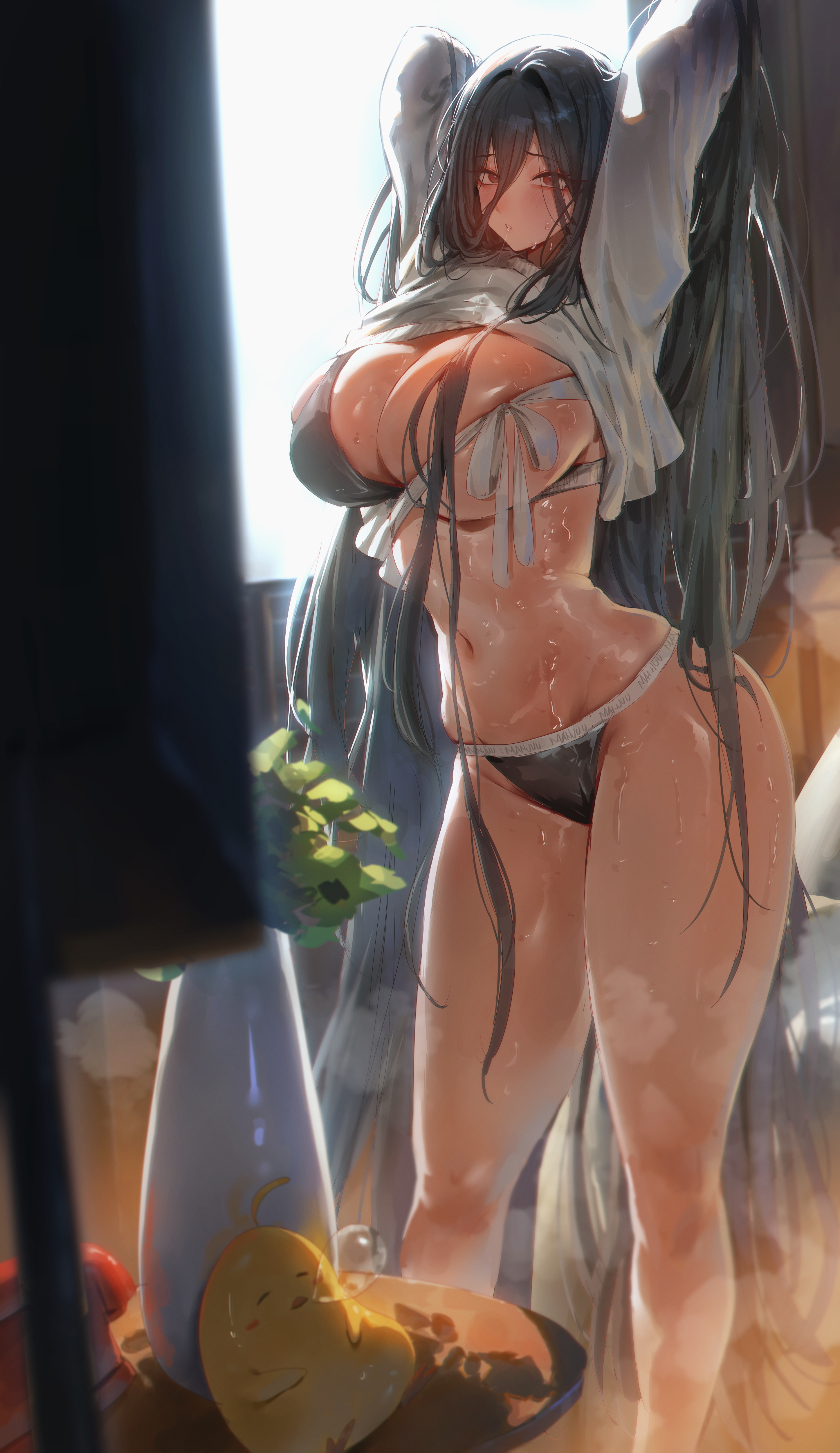 1girls, absurdres, arms up, azur lane, black hair, black panties, blush, breasts, commentary, commission, english commentary, feet out of frame, female, francesco caracciolo (azur lane), francesco caracciolo (confession under the spotlight) (azur lane), hair between eyes, highres, large breasts, light skin, light-skinned female, long hair, long sleeves, looking at viewer, manjuu (azur lane), navel, official alternate costume, panties, parted lips, red eyes, rororo, sardegna empire (azur lane), solo, standing, stomach, sweat, thighs, underwear