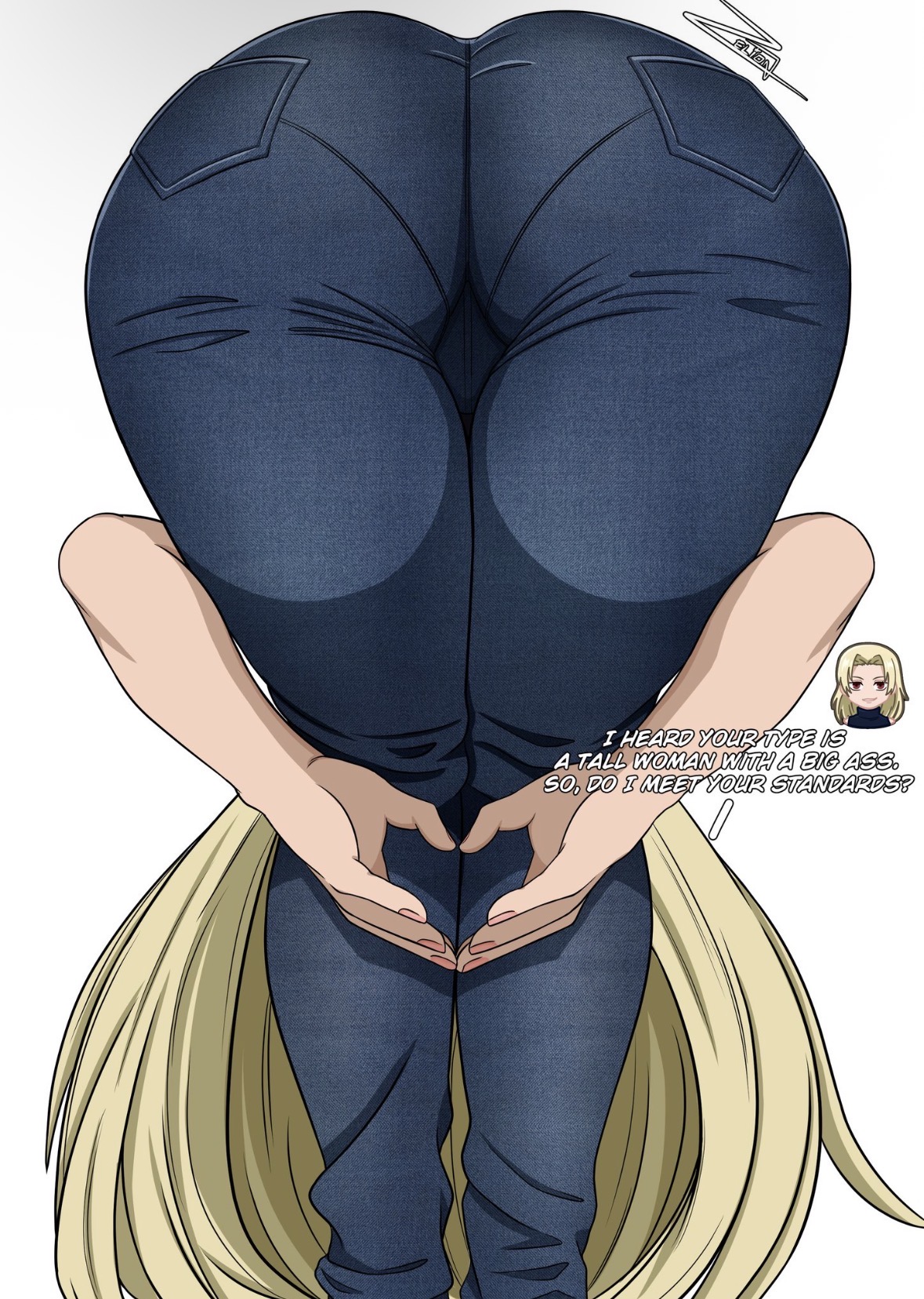 1girl, 1girls, ass, big ass, blonde hair, flirting with viewer, jeans, jujutsu kaisen, older female, panties visible through clothing, praise da booty (meme), pussy, pussy lips, text, underwear outline, yuki tsukumo, zelionart