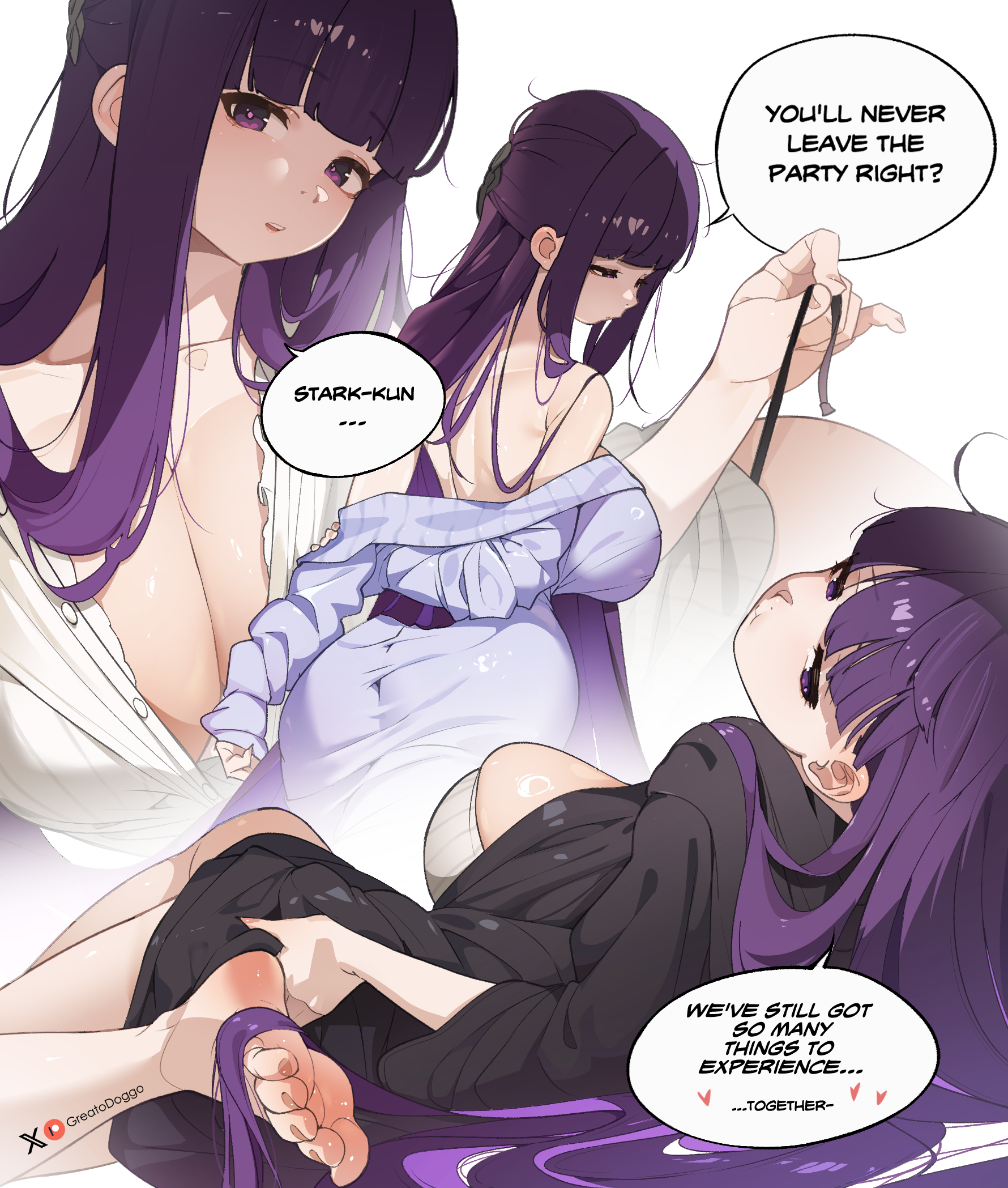 barefoot, black dress, blunt bangs, breasts, cleavage, dress, english text, female, female only, fern (sousou no frieren), greatodoggo, half updo, highres, long hair, long sleeves, looking at viewer, lying, off shoulder, on back, partially unbuttoned, pout, purple eyes, purple hair, simple background, sousou no frieren, speech bubble, undressing, variations, very long hair, white background, white dress