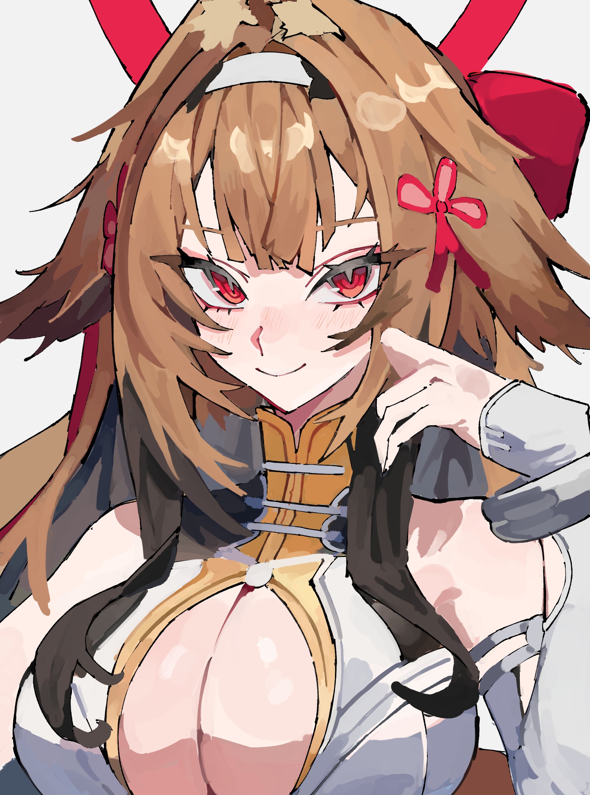 1girls, 2026, artist request, big breasts, brown hair, cleavage, hoyoverse, huge breasts, large breasts, looking at viewer, red eyes, solo, solo female, tagme, ye shunguang, zenless zone zero