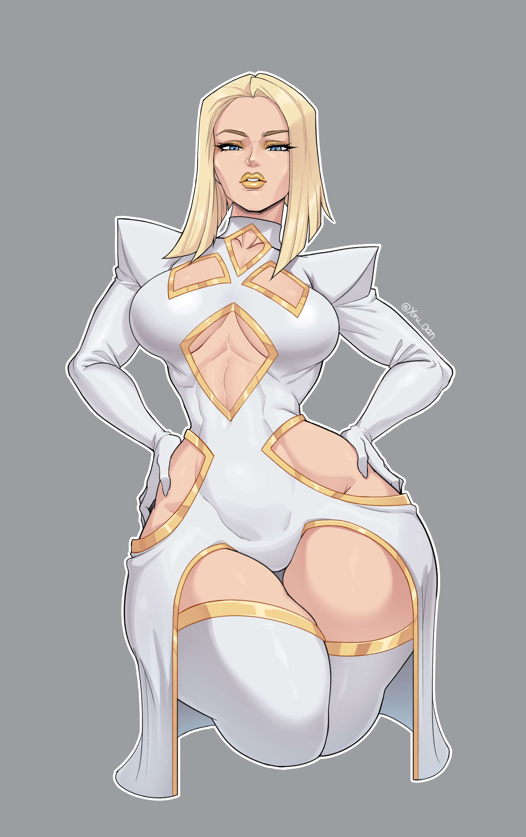 1girls, 2d, big breasts, big thighs, breasts, breasts out, busty, busty female, cleavage, cleavage cutout, cleavage window, clothing cutout, curvaceous, curvaceous female, curvaceous figure, curvy, curvy body, curvy female, curvy figure, curvy hips, emma frost, emma frost (marvel rivals), female, female only, hourglass figure, huge thighs, large breasts, lipstick, makeup, marvel, marvel rivals, massive thighs, official alternate costume, pinup, revealing clothes, solo, stockings, thick legs, thick thighs, thigh gap, thighs, thunder thighs, thunderthighs, tits out, wide hips, wide thighs, yoru dan