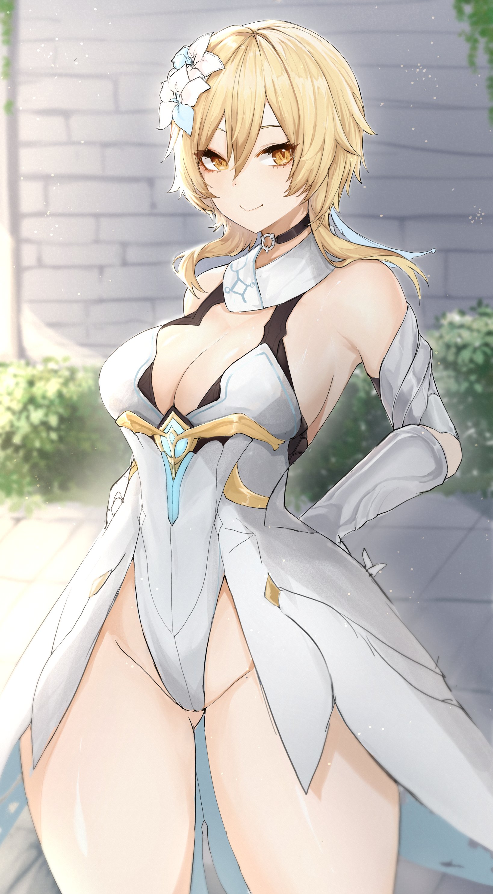 1girls, absurd res, blonde hair, breasts, choker, cleavage, cropped legs, female, flower, flower in hair, genshin impact, hi res, leotard, leotard under clothes, light skin, light-skinned female, looking at viewer, lumine (genshin impact), nanasuru4, outdoors, outside, smile, thick thighs, thighs, white clothing, wide hips, yellow eyes
