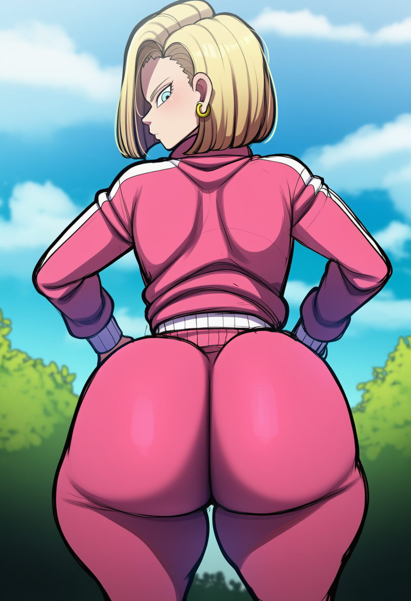 1girls, ai, ai generated, android 18, ass focus, back view, behind view, big ass, big butt, bubble ass, bubble butt, dragon ball, dragon ball super, dragon ball z, female, female focus, female only, looking at viewer, novelai, solo, thick thighs