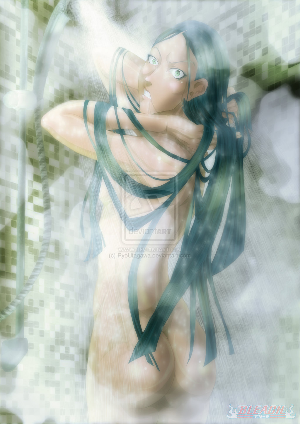 1girls armpits ass back bleach breasts female female_only human long_hair nude ryoutagawa shower sideboob solo text url watermark wet yoshi_(bleach)