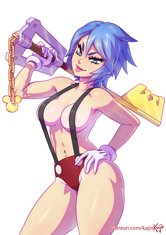 1girls aqua_(kingdom_hearts) blue_hair breasts disney female female_only hair hourglass_figure kajinman keyblade kingdom_hearts medium_breasts mickey_mouse_(cosplay) mickey_mouse_symbol solo square_enix suspenders underboob video_games white_background