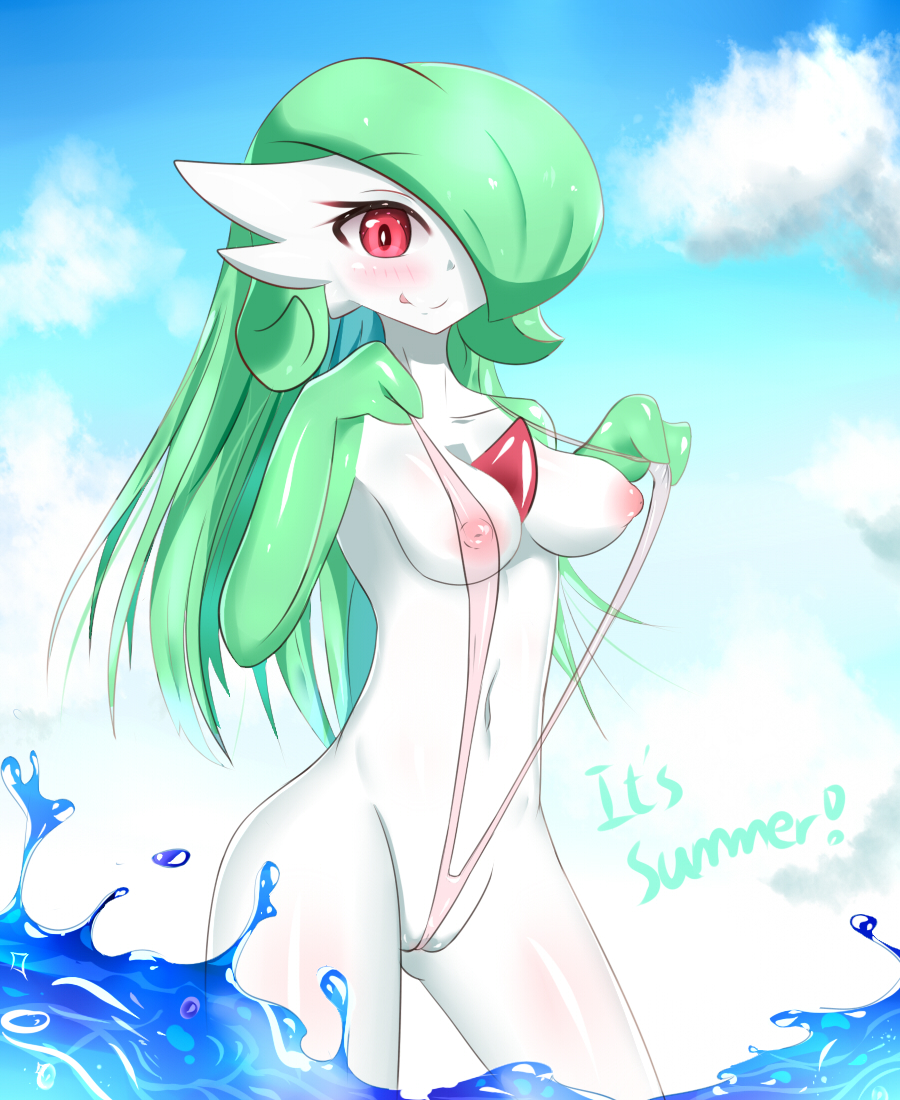 1girls, 3 fingers, alternate hairstyle, areolae, ass, bare shoulders, belly, big breasts, bikini, breasts, cleavage, day, erect nipples, eyelashes, female, female only, gardevoir, green hair, hair over one eye, heart, long hair, looking at viewer, navel, nintendo, nipples, outdoors, pink eyes, pokémon (species), pokemon, pokemon (species), pokemon only, pokemon rse, pussy, red eyes, sana!rpg, sea, see-through, sideboob, sky, sling bikini, sling bikini aside, smile, standing, swimsuit, text, tongue, tongue out, water, white skin