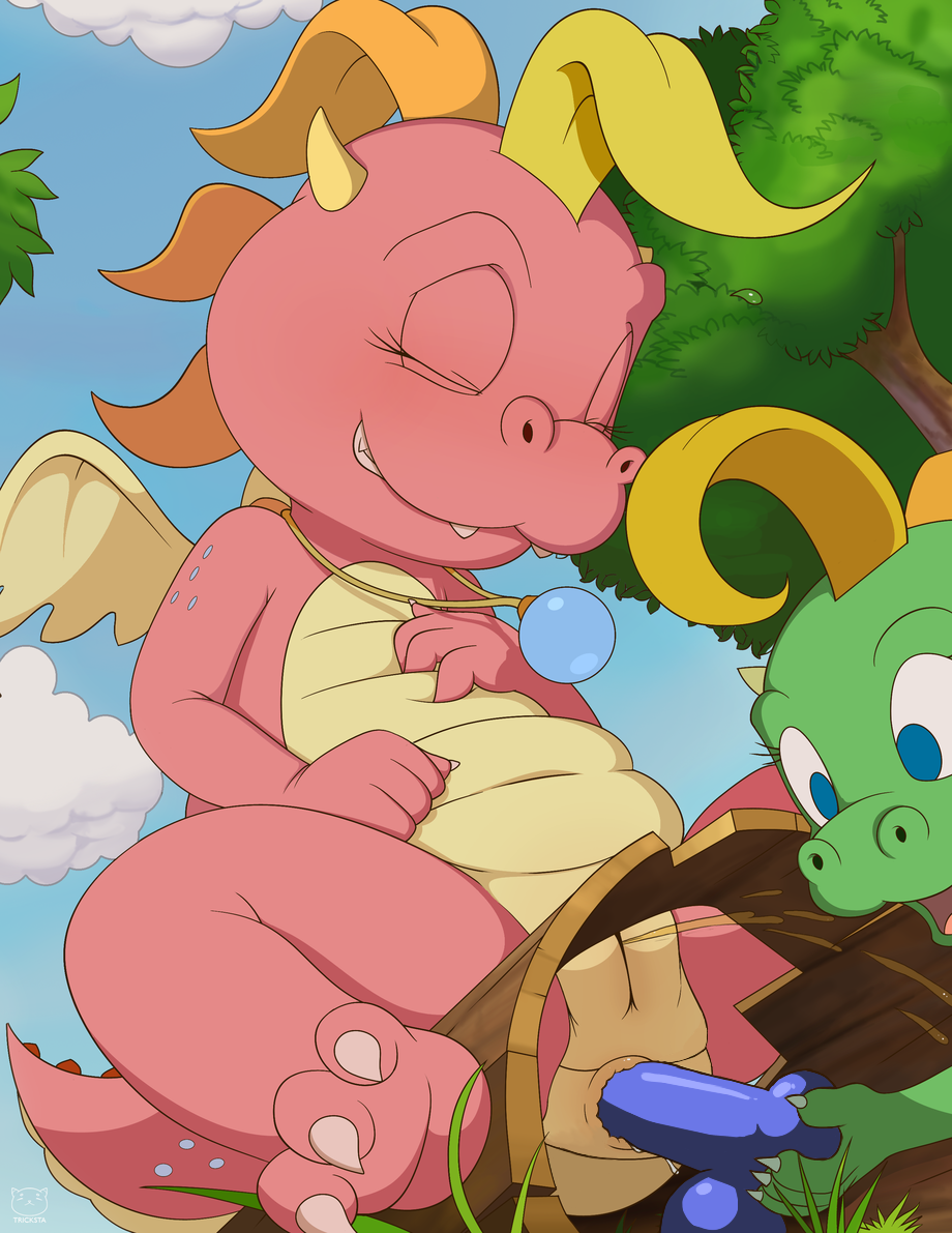 age_difference anal anal_sex anthro cassie_(dragon_tales) dildo dragon_tales kiki_(dragon_tales) outdoors pink_scales pink_skin tagme yuri