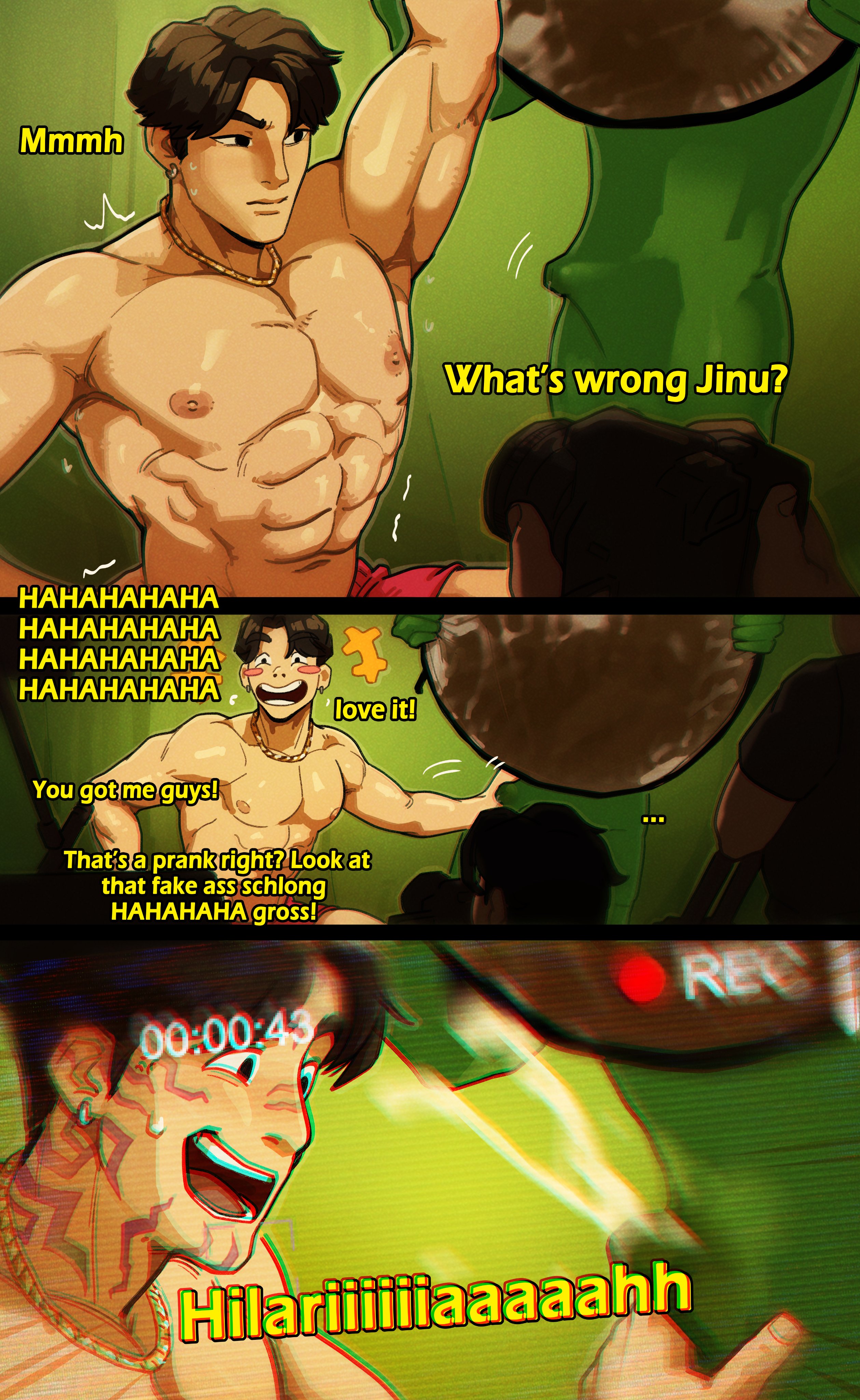 4boys, abs, bulge, cum, dialogue, ear piercing, ejaculation, erection, gay, jinu (kpop demon hunters), kpop demon hunters, male, male focus, male only, modsa666, muscular, muscular arms, muscular chest, muscular male, netflix, nipples, pecs, piercing, recording, saja boys, text