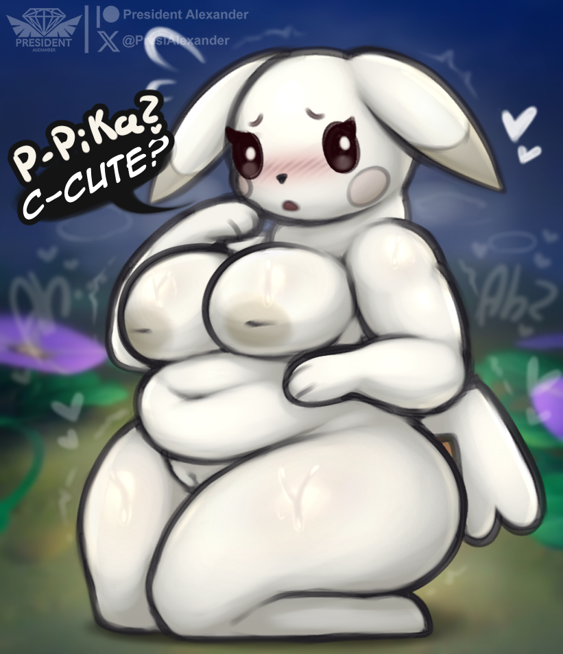 anthro, areola, big breasts, biped, blush, breasts, dialogue, english text, female, generation 1 pokemon, genitals, heart symbol, kneeling, looking at viewer, nintendo, nipples, nude, peakychu, pikachu, poco a pokemon, pokemon, pokemon (species), pokemon pokopia, pokemorph, president alexander, speech bubble, text, thick thighs, usuchu, vulva