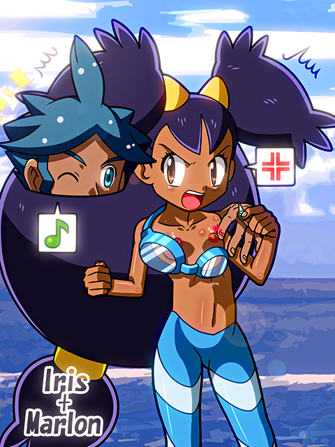 1boy 1girls badge dark-skinned_female gym_badge_(pokemon) gym_leader gym_leader_(cosplay) iris_(pokemon) iris_(pokemon_bw) marlon_(pokemon) nintendo pokemon pokemon_bw pokemon_bw2 rorretsim tagme topless wave_badge